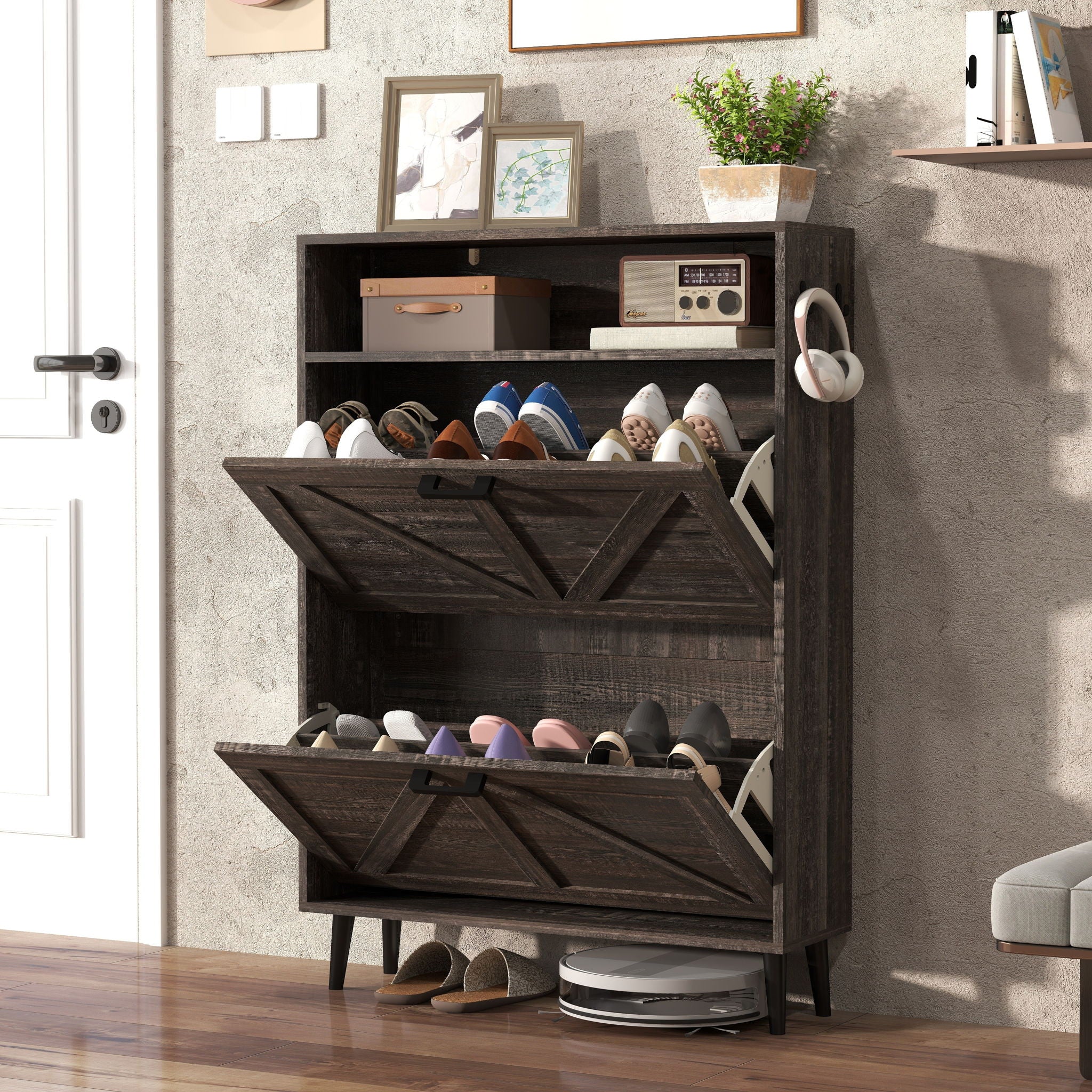 Farmhouse Shoe Storage Cabinet With Barn Door Design, 2 Flip Drawers, Hooks - Dark Oak