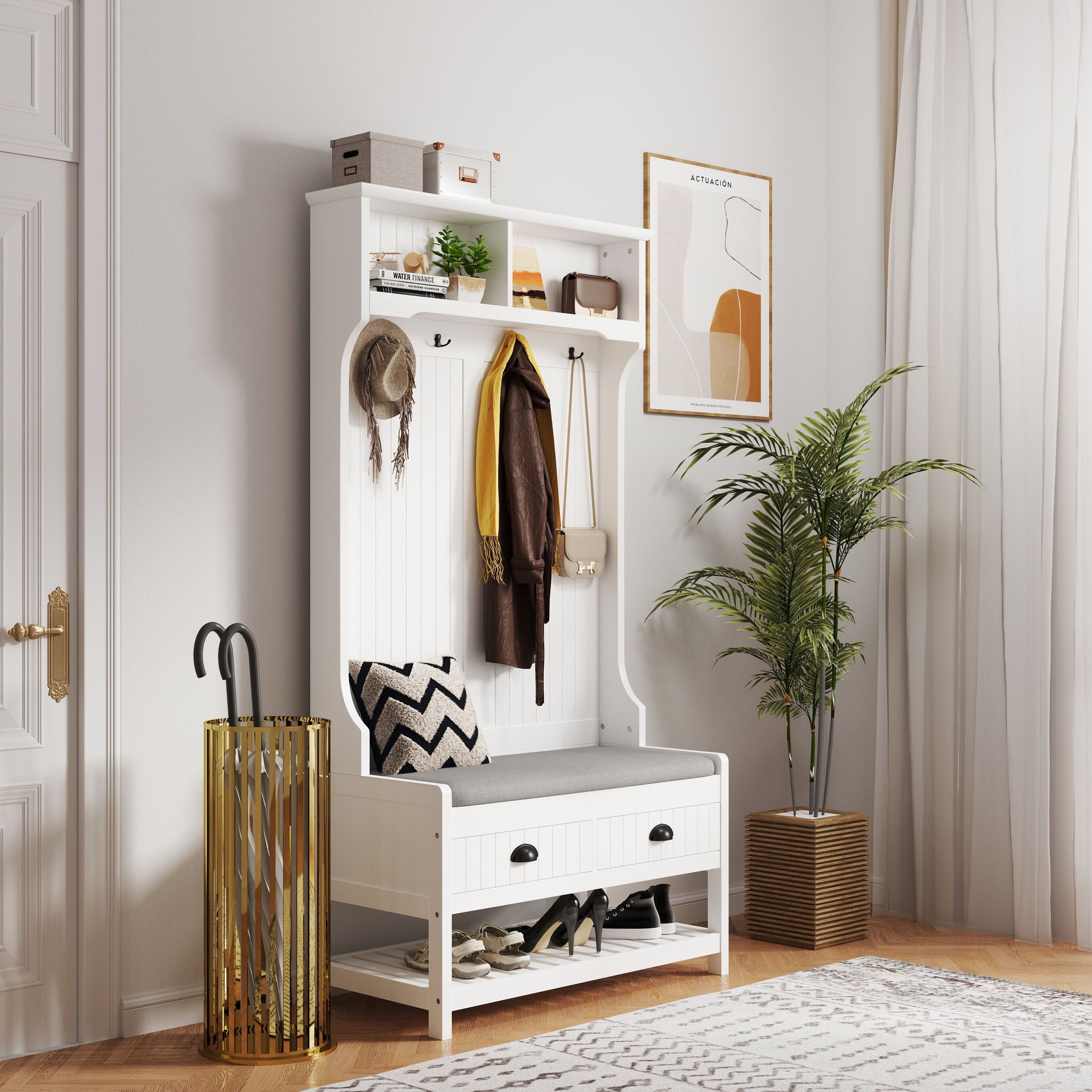 Modern 3 In 1 Hallway Hall Tree With Storage Drawers, Coat Rack, Shoe Rack Bench And Cushion