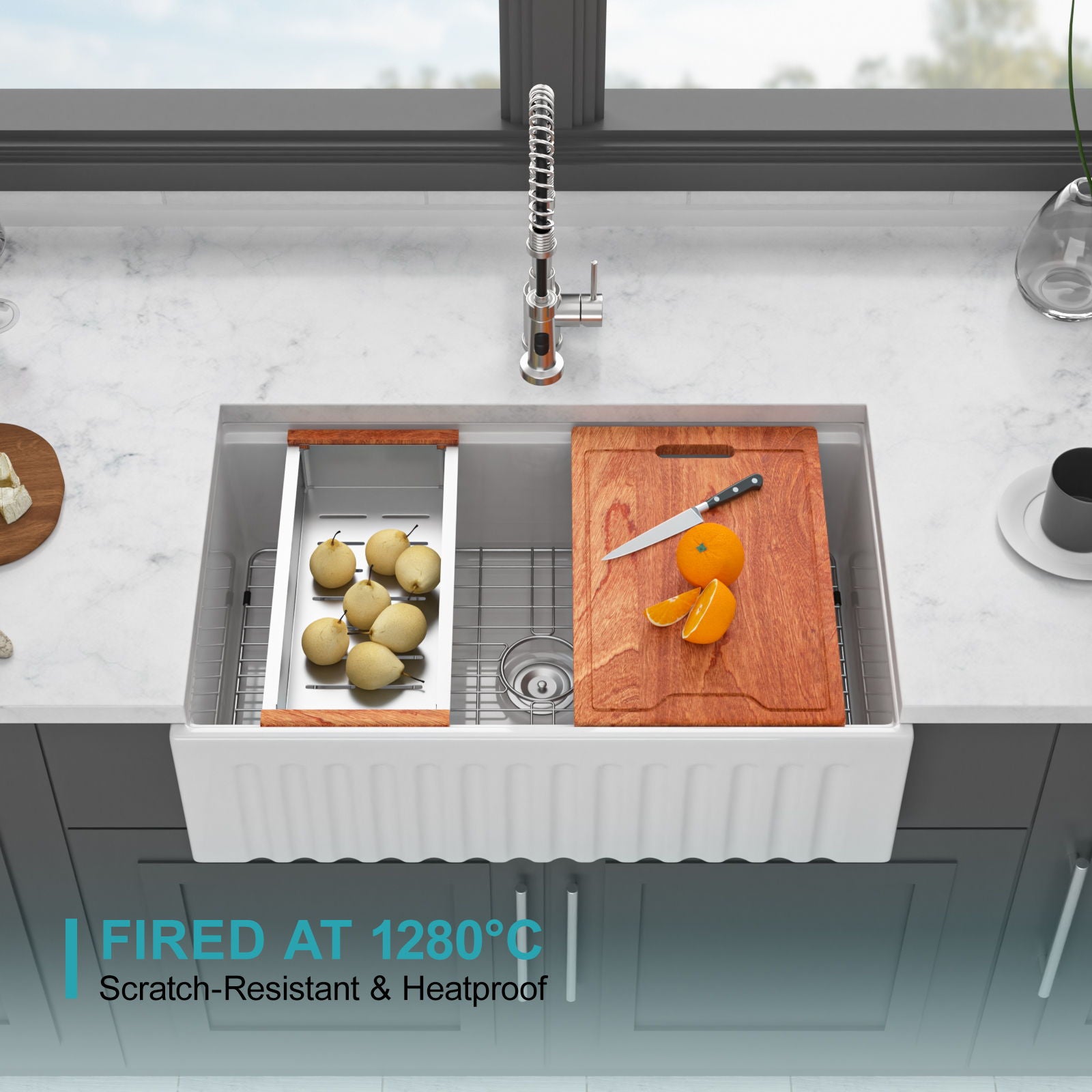 Porcelain Ceramic Farmhouse Sink Workstation With Reversible Apron Design - Single Bowl