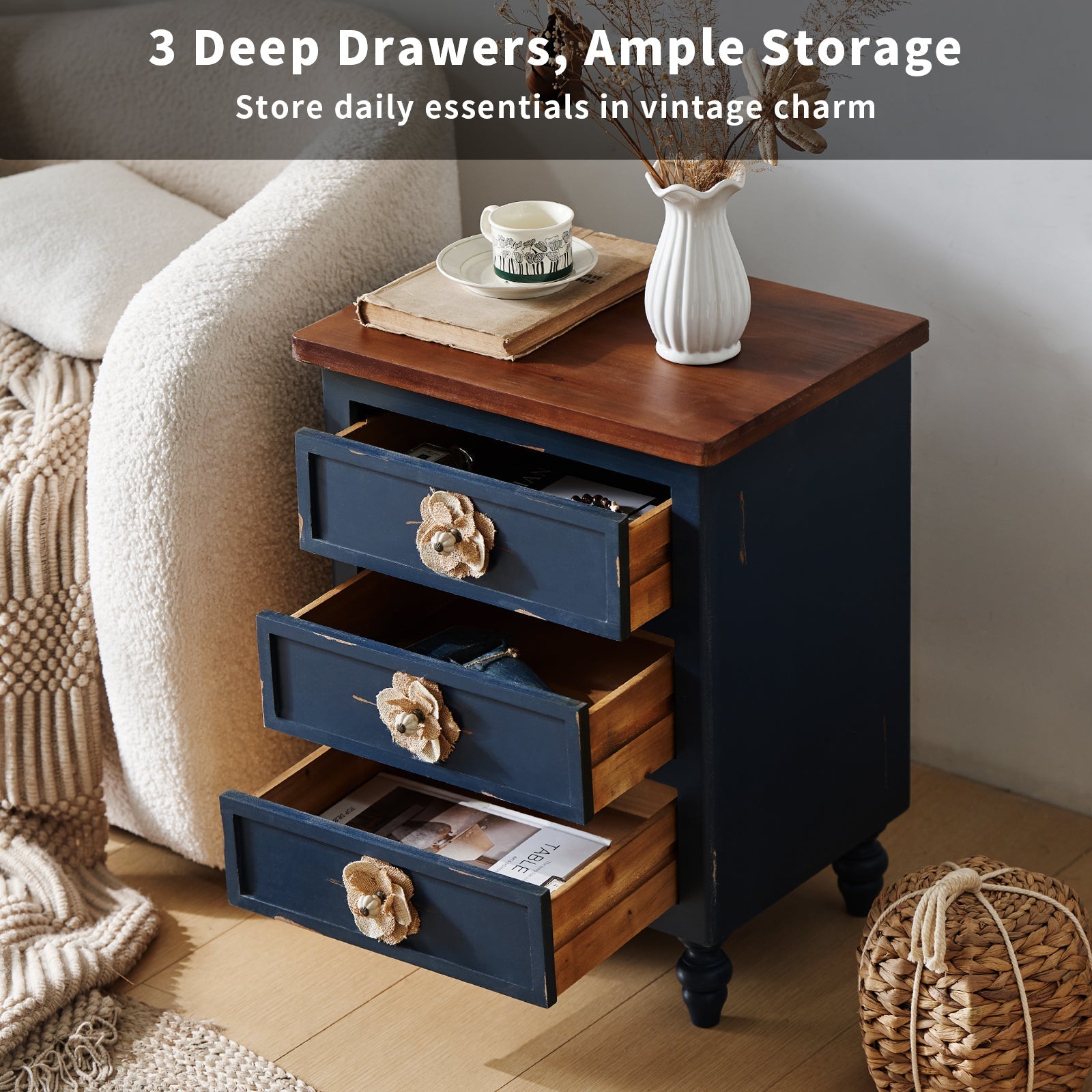 Rustic Dark Blue 3-Drawer Wooden Cabinet with Aged Finish & Floral Handles