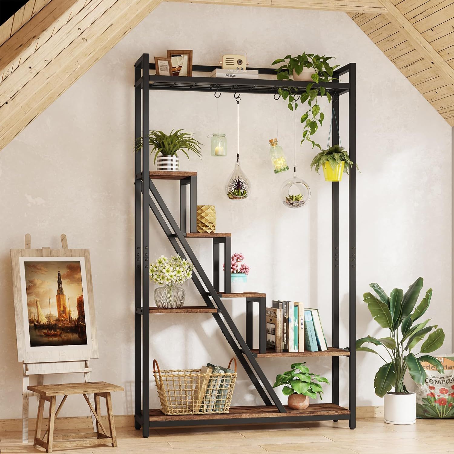 7 Tier Indoor Plant Stand With 5 S-Hooks - Brown / Black