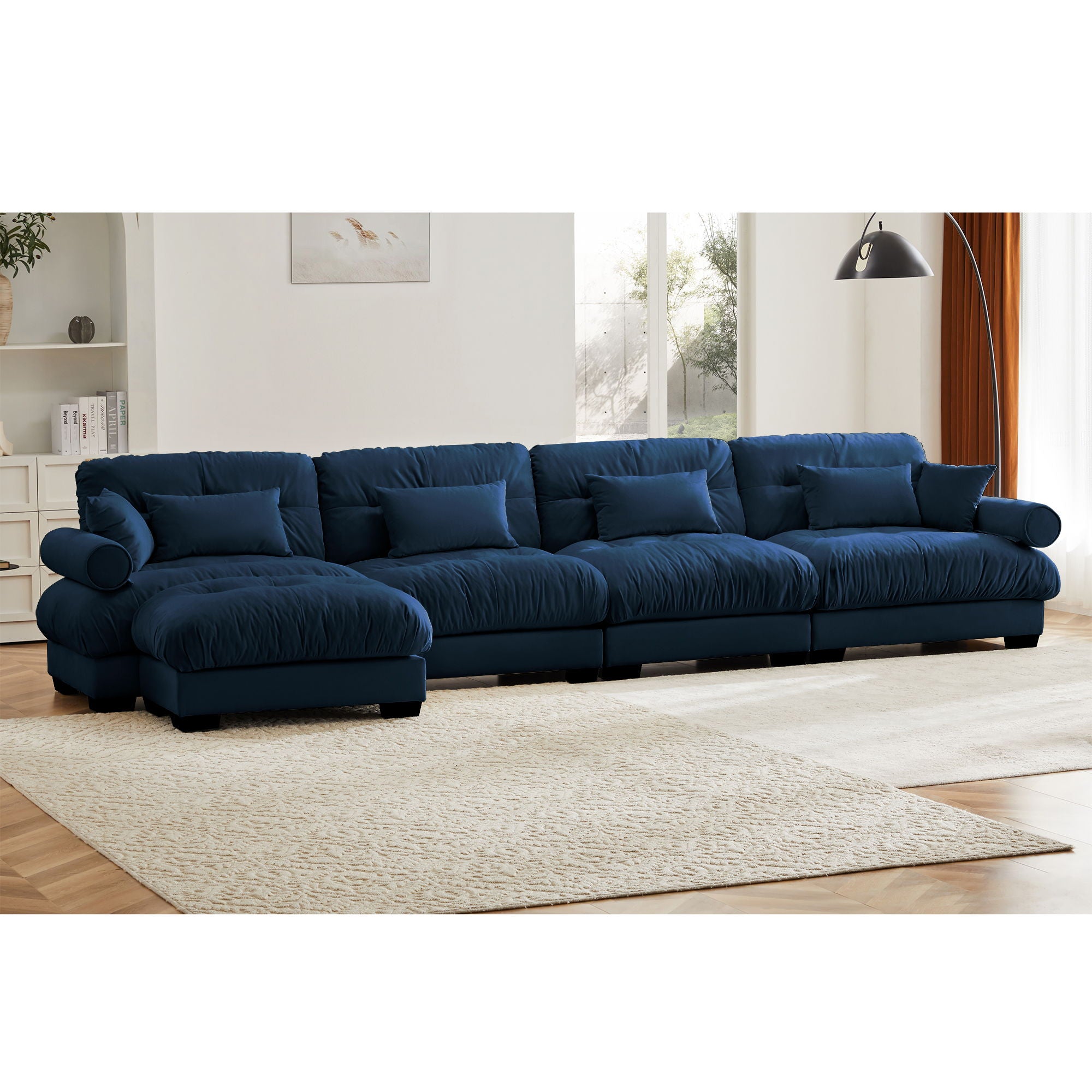 Modern Sectional Sofa With Ottoman, Round Bolster Armrests, Waist And Throw Pillows