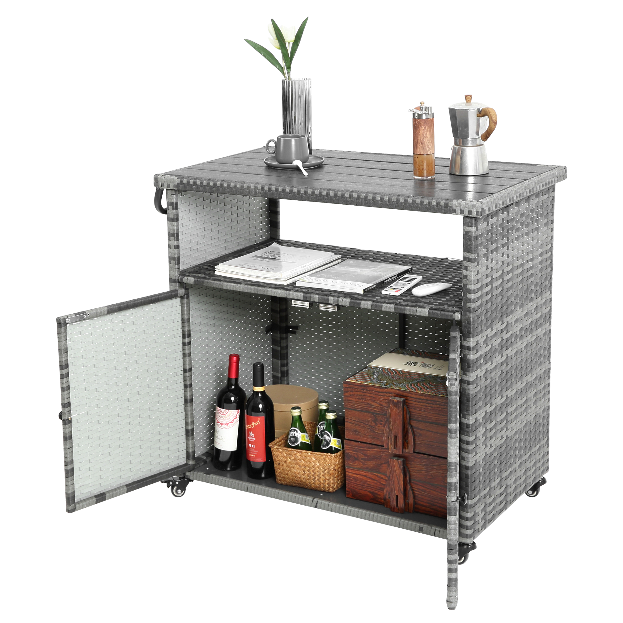 Outdoor Wicker Bar Cart with Glass Top and Wheels