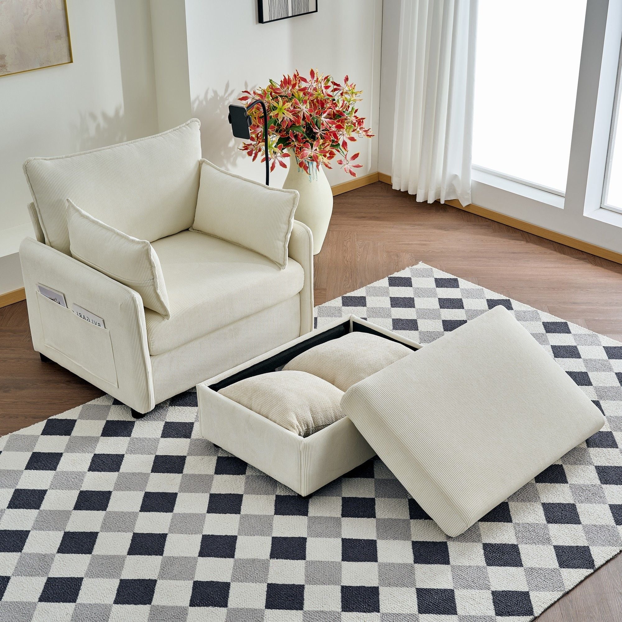 Comfy Corduroy Oversized Chaise Lounge Chair With Ottoman And Storage