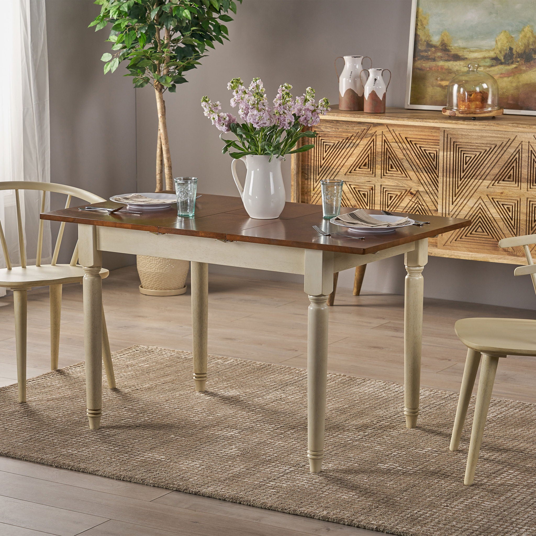 Rectangle Dining Table With Cream Legs - Dark Oak