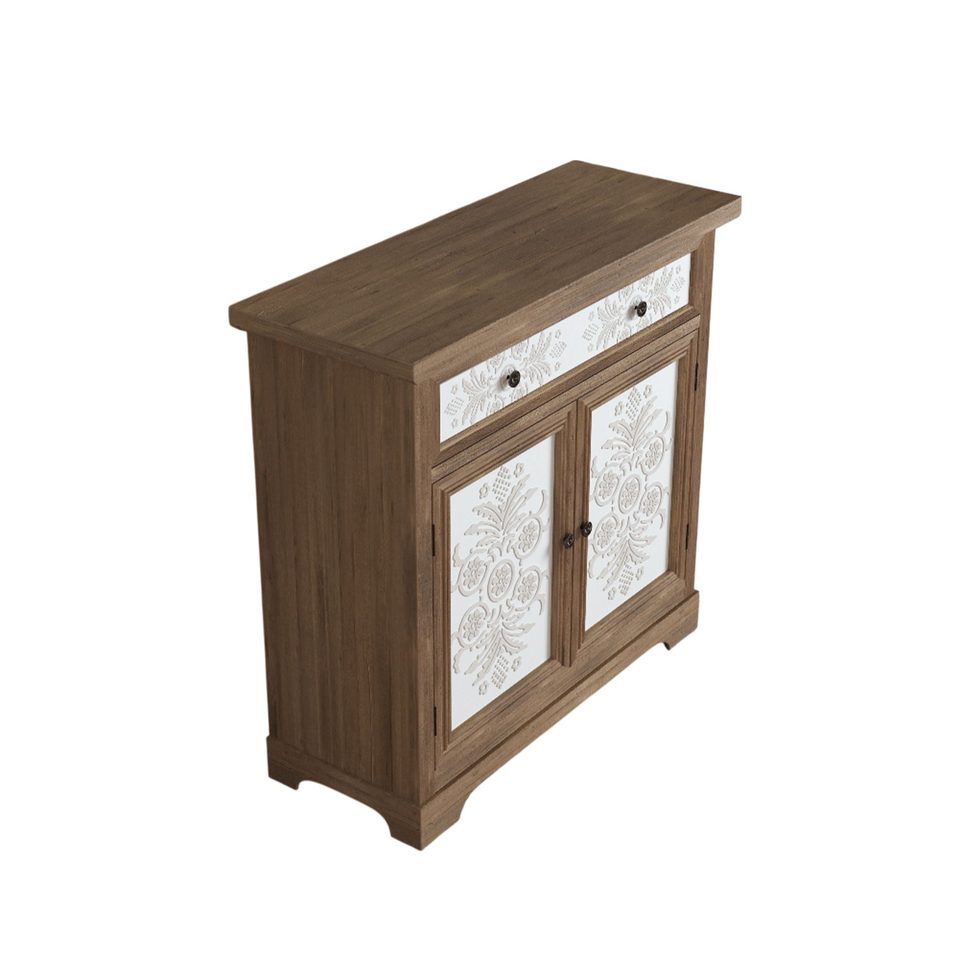 Accent Cabinet With Carved Floral Panels, Sideboard With Drawer And Double Doors - Antique Brown / White