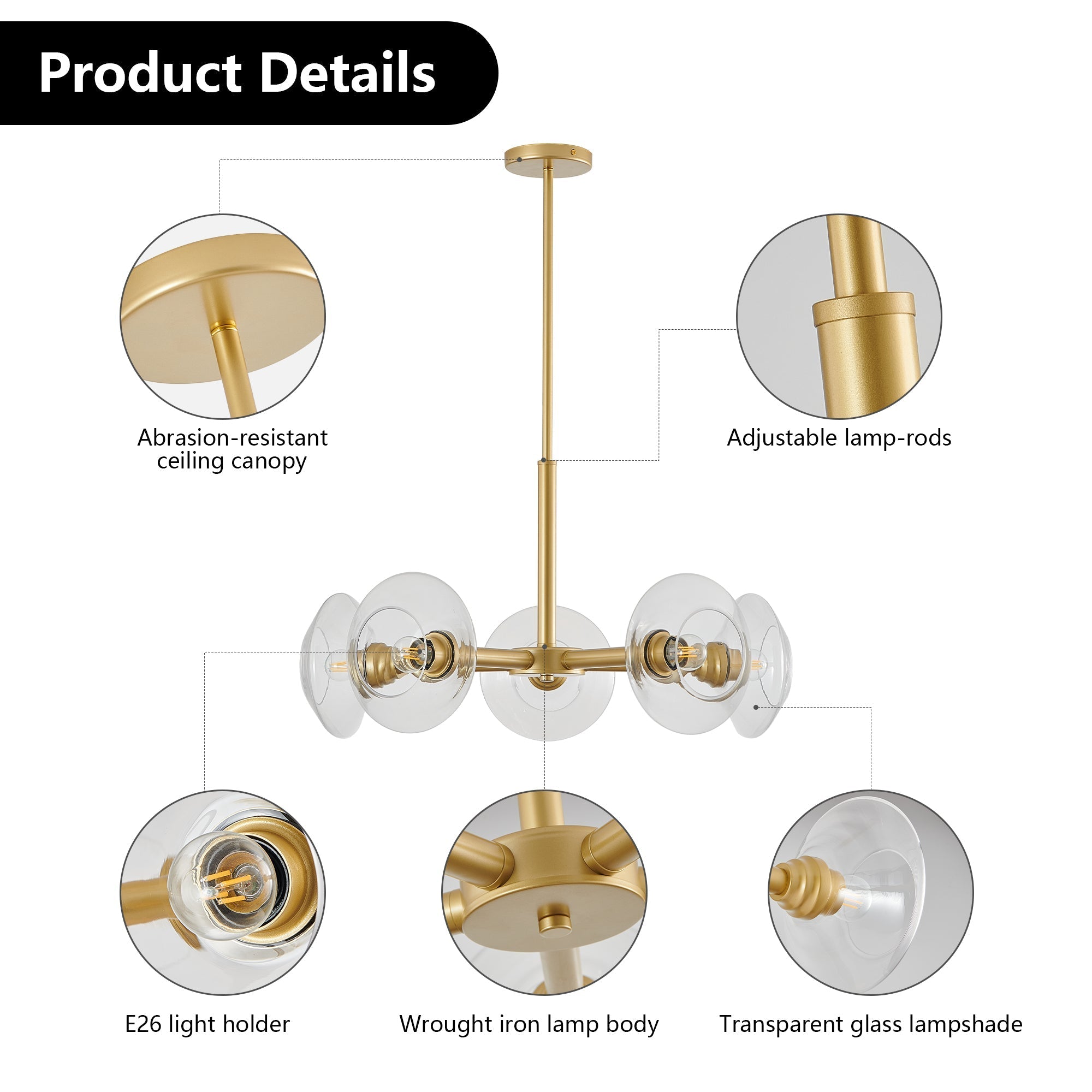 26" Modern Gold 5-Light Sputnik Chandelier with Clear Glass Shades