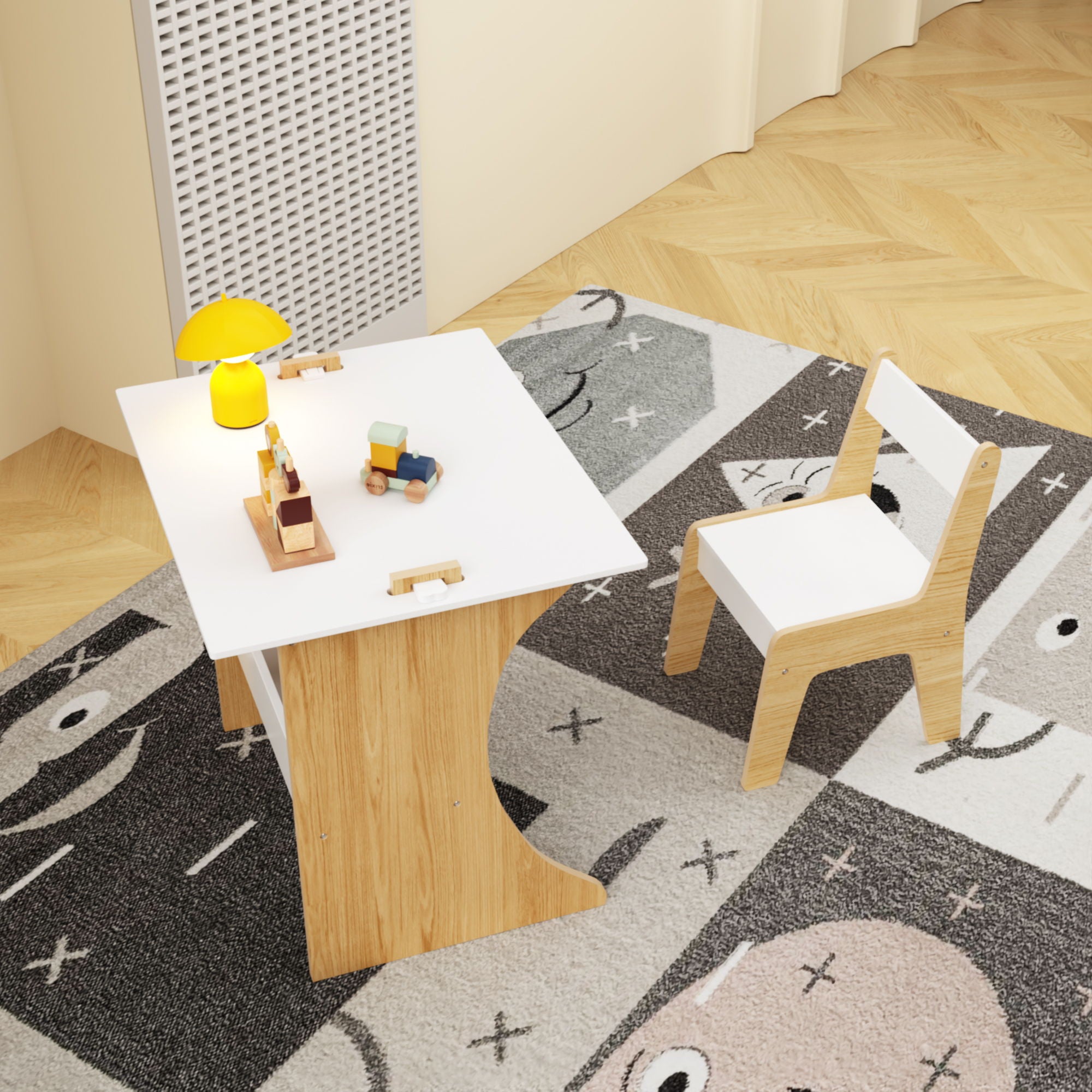 Table Set With 1 Chair, Multifunctional Study Table Convertible Top For Study Drawing & Play - White