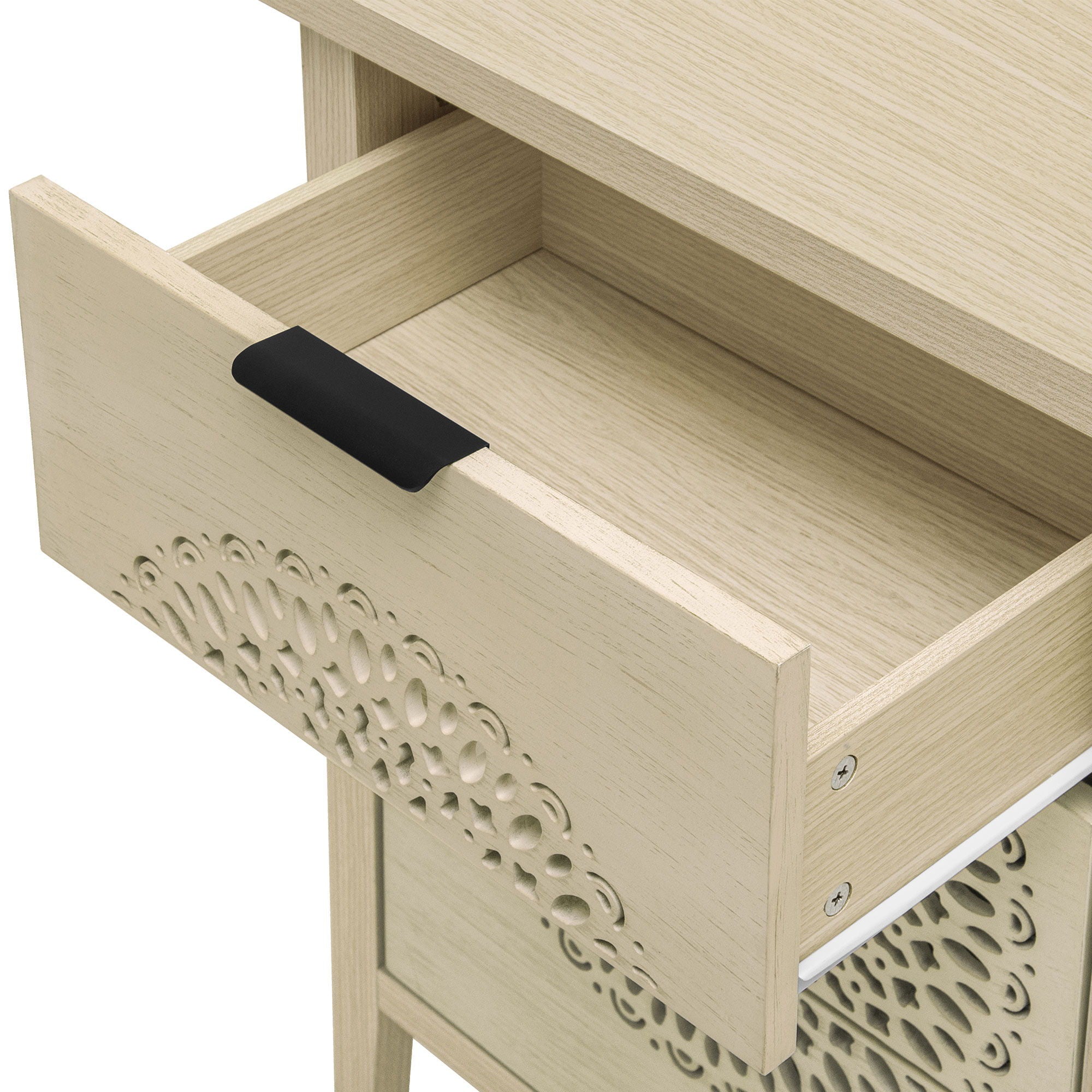 Hollow Carved 3 Drawer Cabinet Dresser Storage Chest With Metal Handles For Living Room Bedroom - Natural