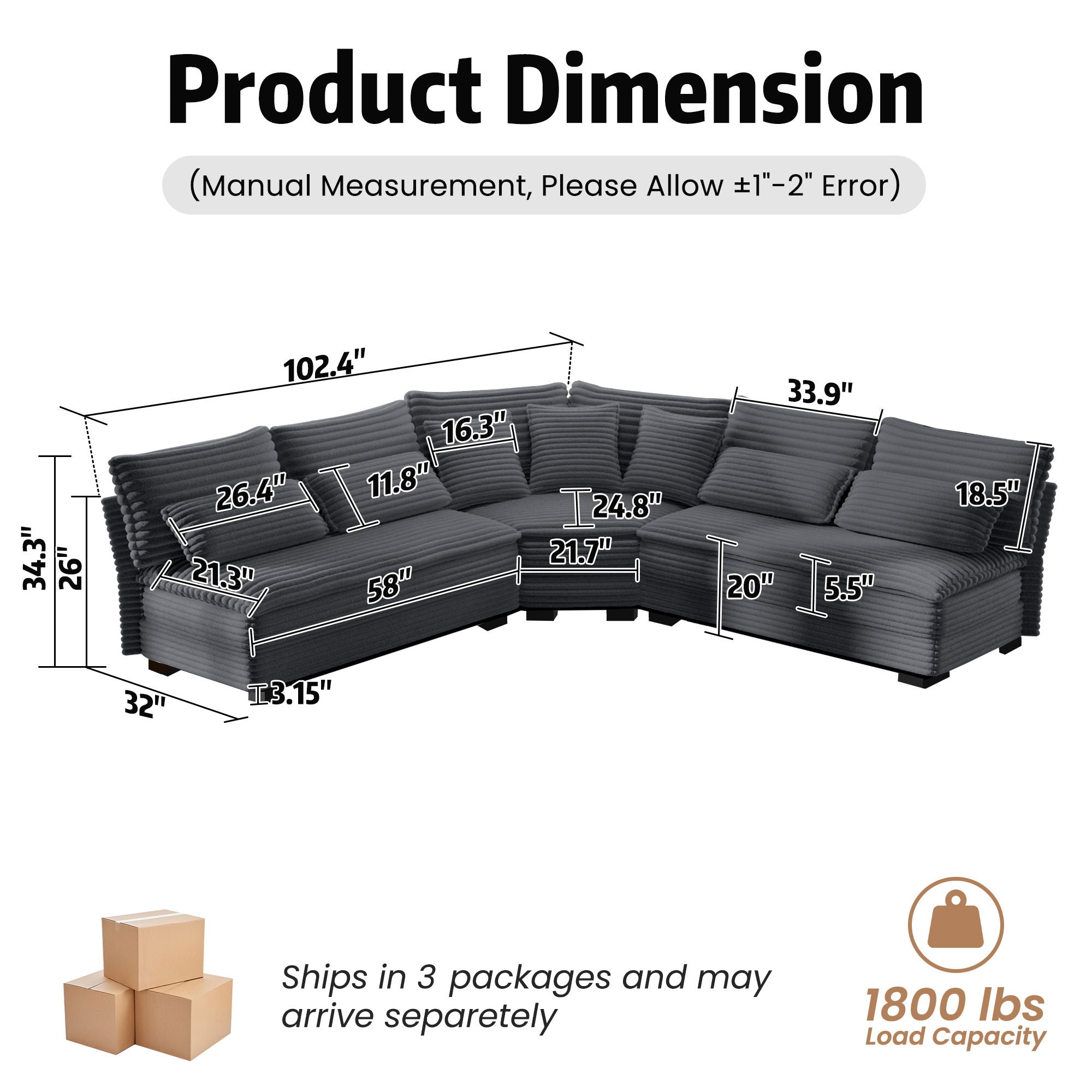 5 Seater L Shaped Sectional Sofa With Curved Corner, 7 Pillows