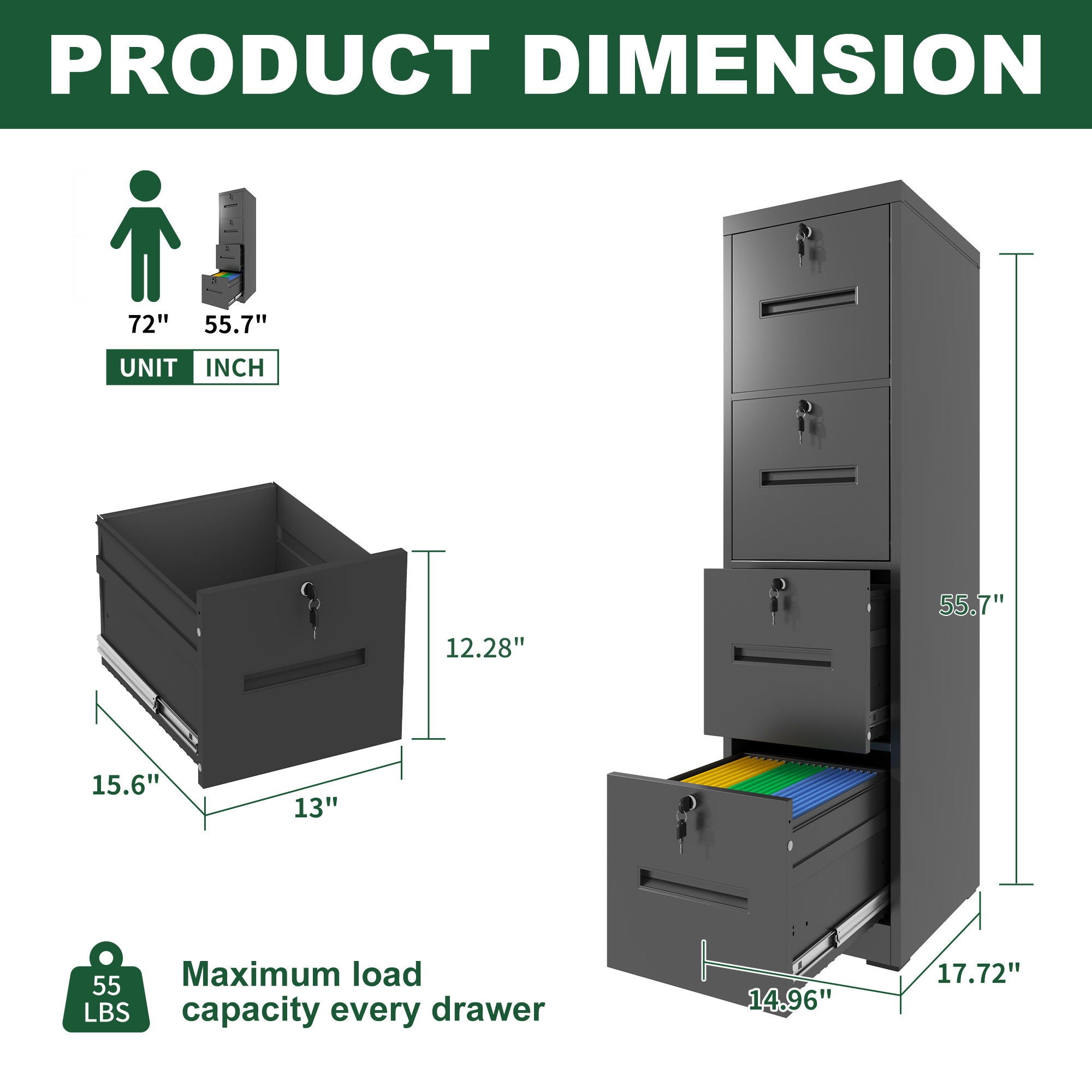 Modern 4 Drawer Metal Vertical Filing Cabinets With Lock For Home Office, Steel Construction, Letter / Legal / A4 / F4 Size - Brushed Nickel