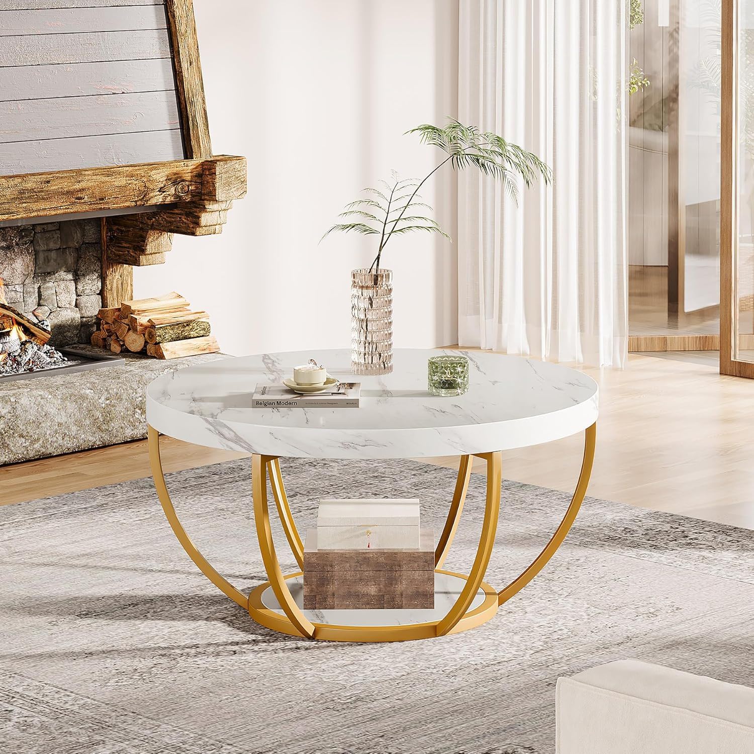 2 Tier Circle Coffee Table With Storage Shelves