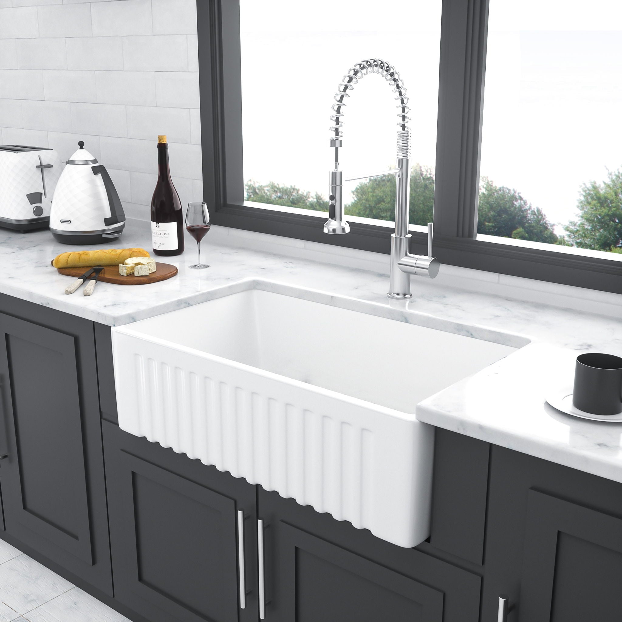 Sink 30" Apron Front Reversible Single Bowl Kitchen Sink With Grid And Strainer - White