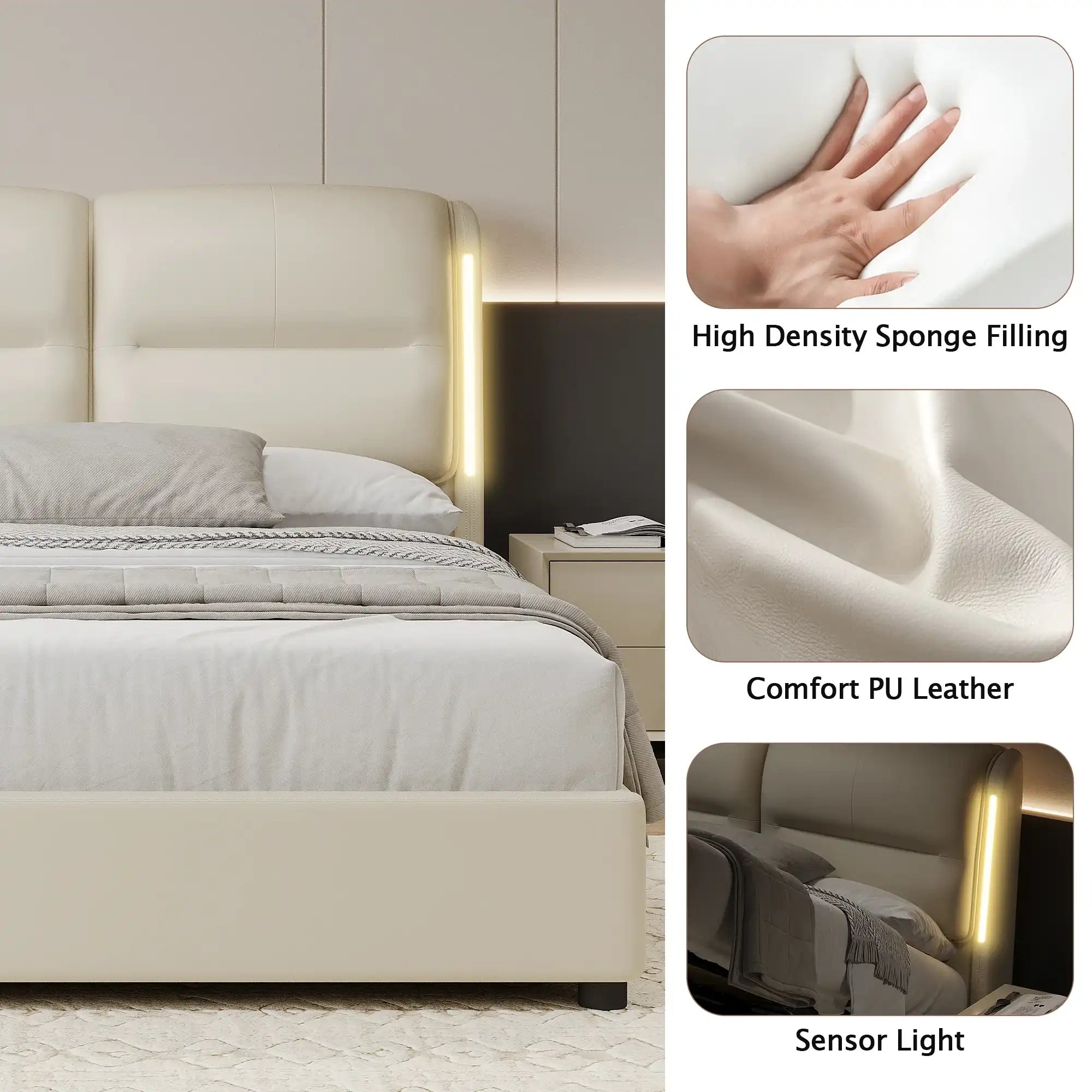 Upholstered Queen Size Hydraulic Platform Bed with Lift Up Storage and Sensor LED Lights - Best Buy Furniture