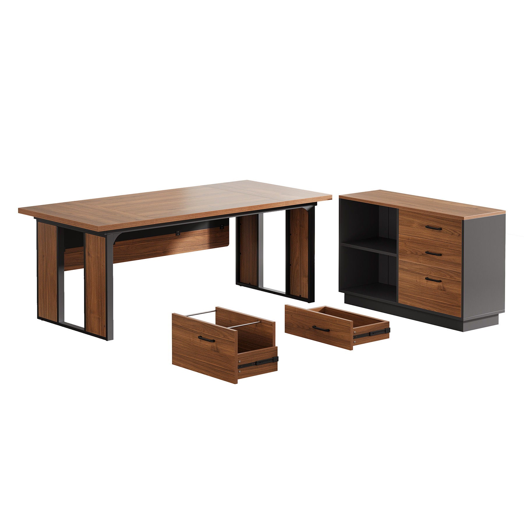 L-Shaped Executive Desk With File Cabinet, Office Computer Desk With Drawers & Open Shelves, Workstation For Home Office - Brown / Black