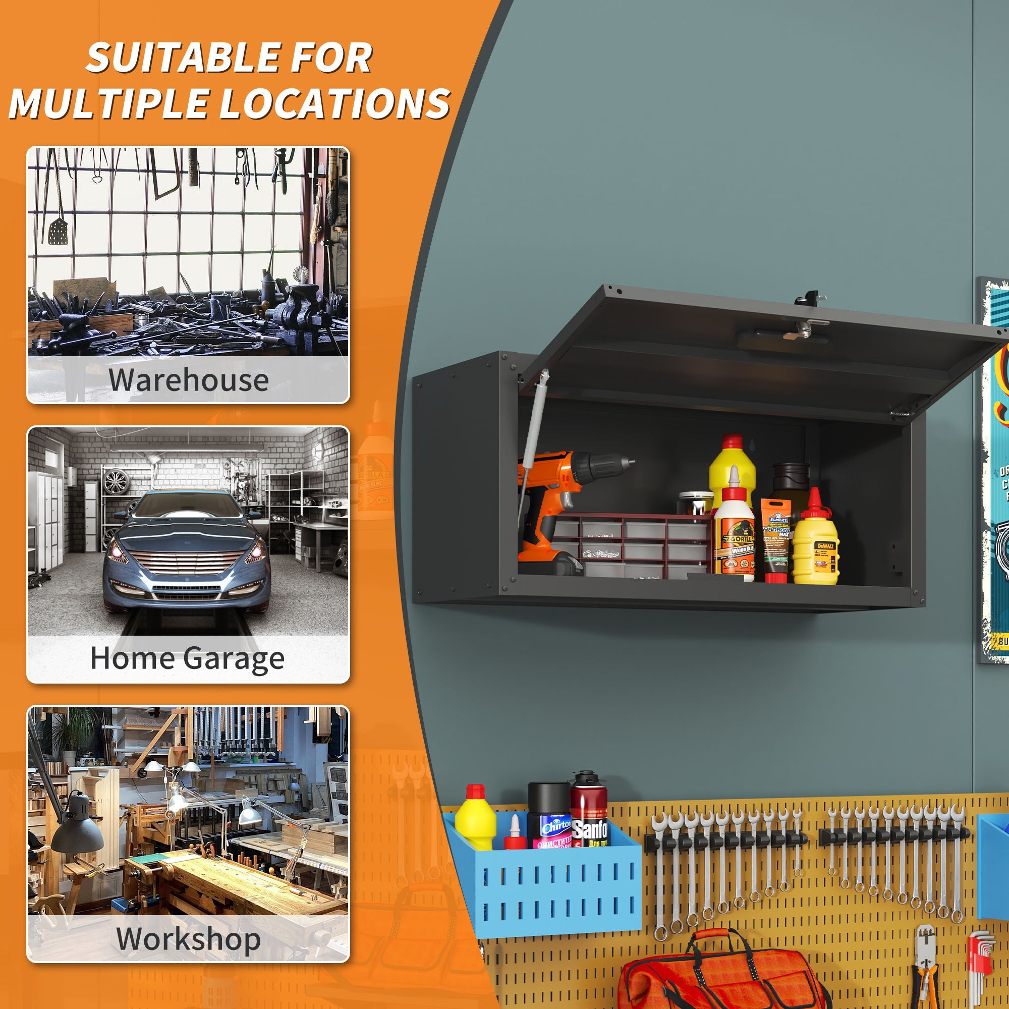 Heavy Duty, Metal Wall Mounted Tool Storage Cabinet Steel Metal Garage Storage Cabinet - Black / Gray
