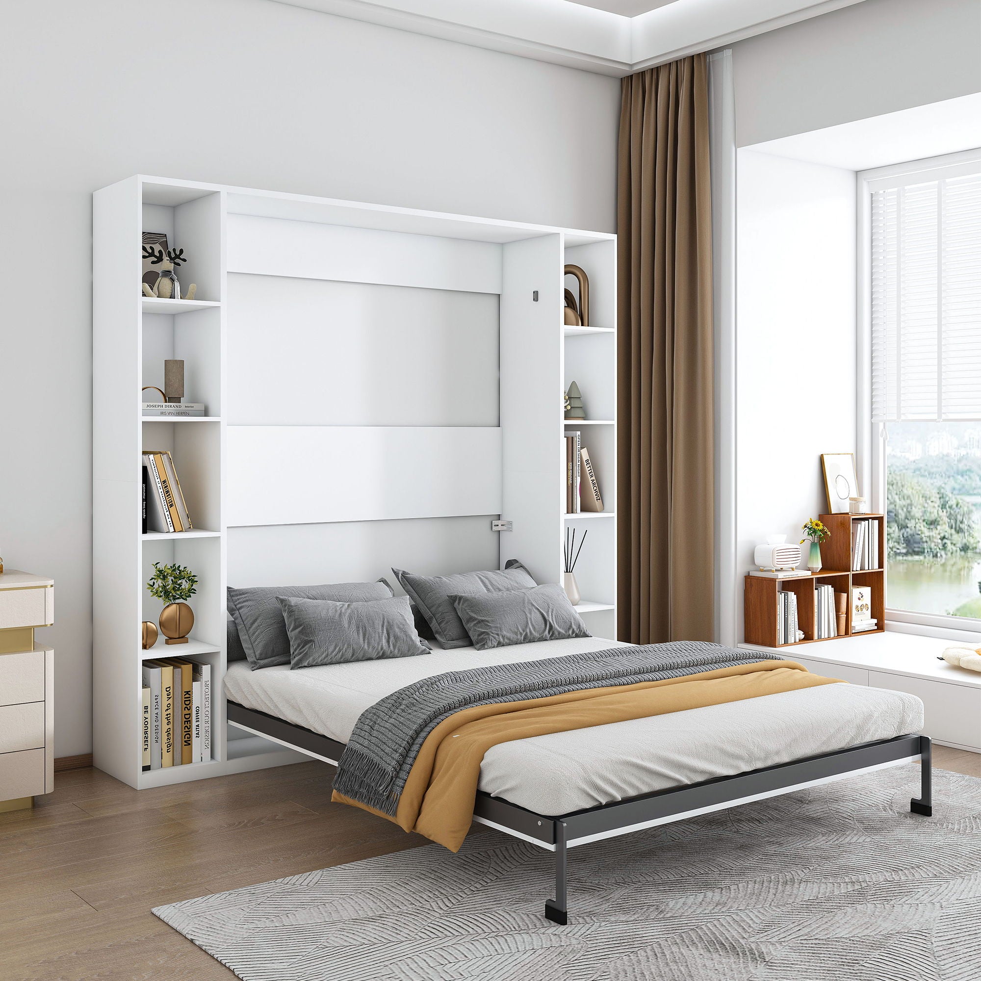 Queen Murphy Bed With Storage Cabinet - White