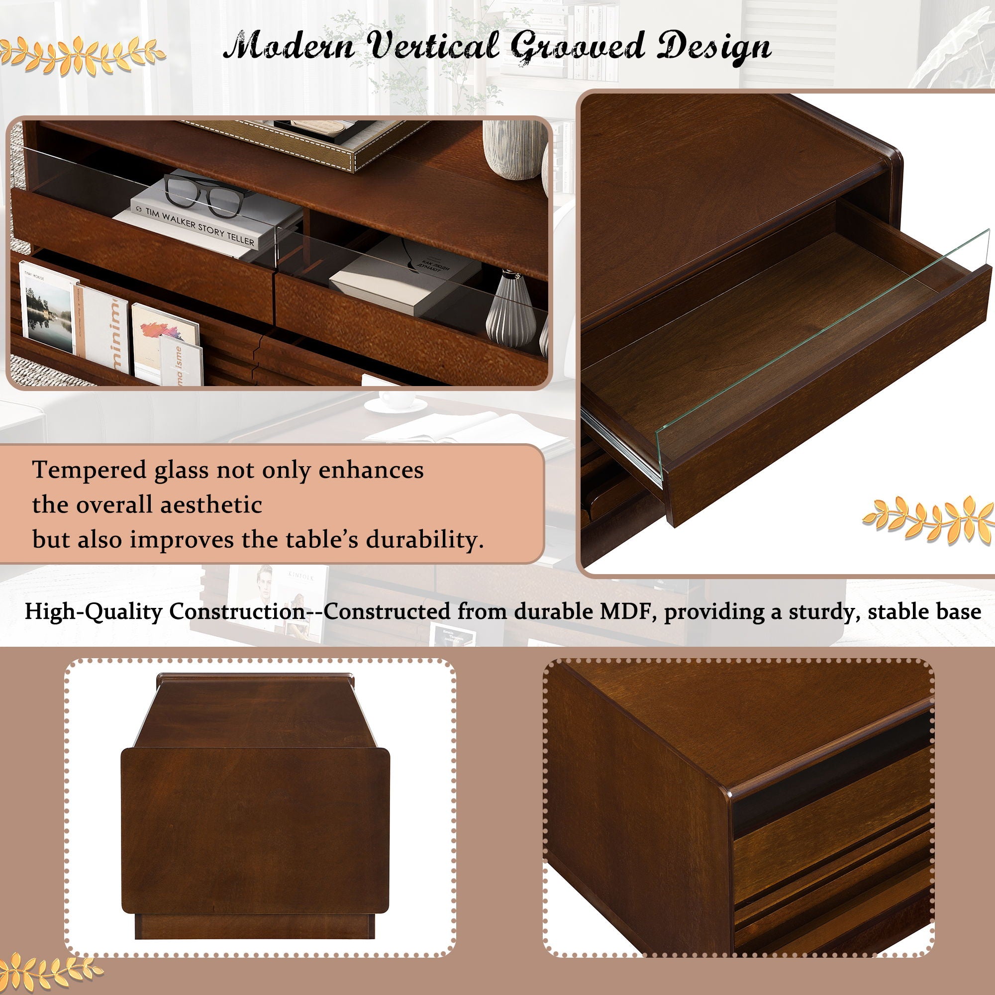 Modern Rectangle Coffee Table With 4 Drawers And 2 Display Shelves