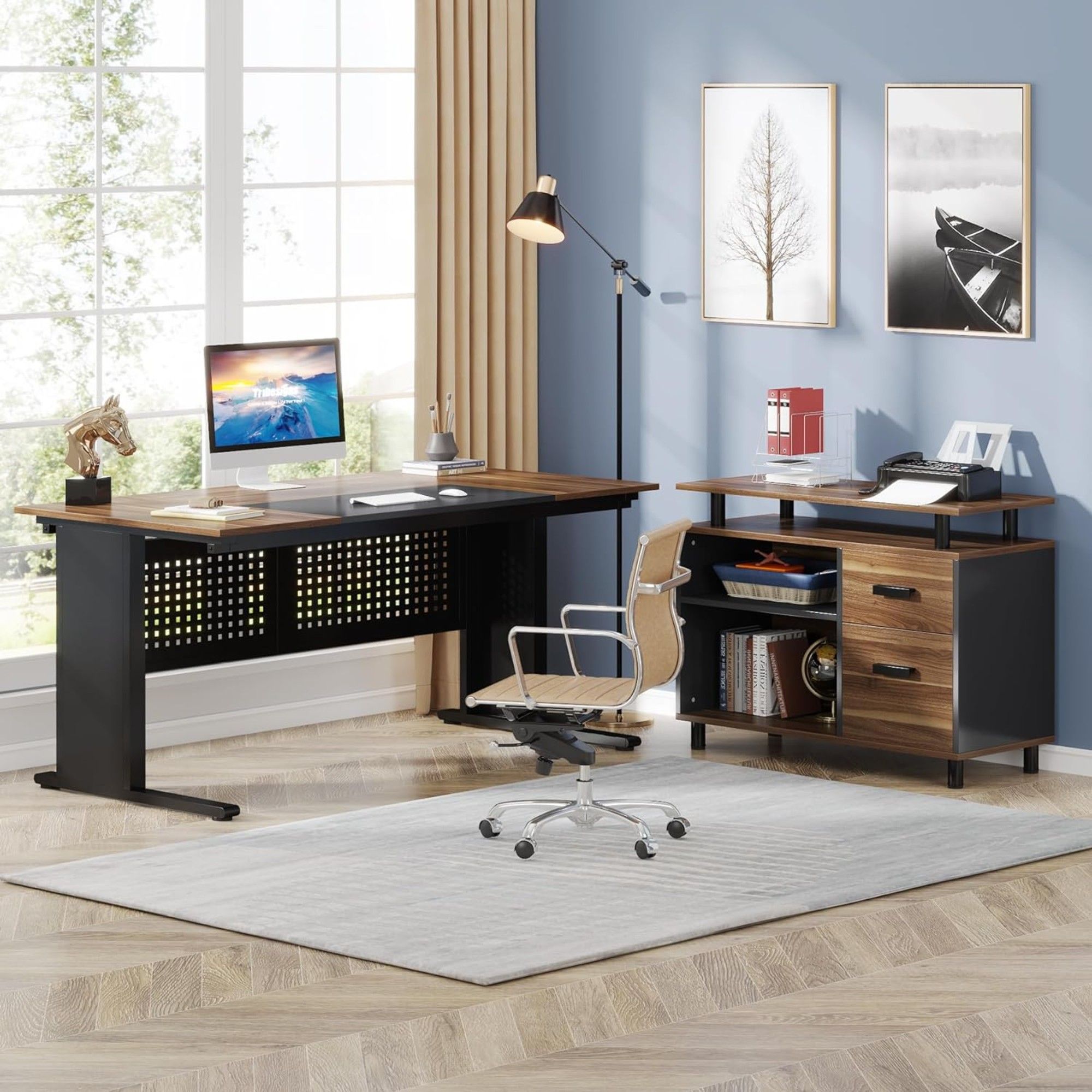 L-Shaped Executive Desk With File Cabinet , Office Workstation With Drawers, Shelves & Storage
