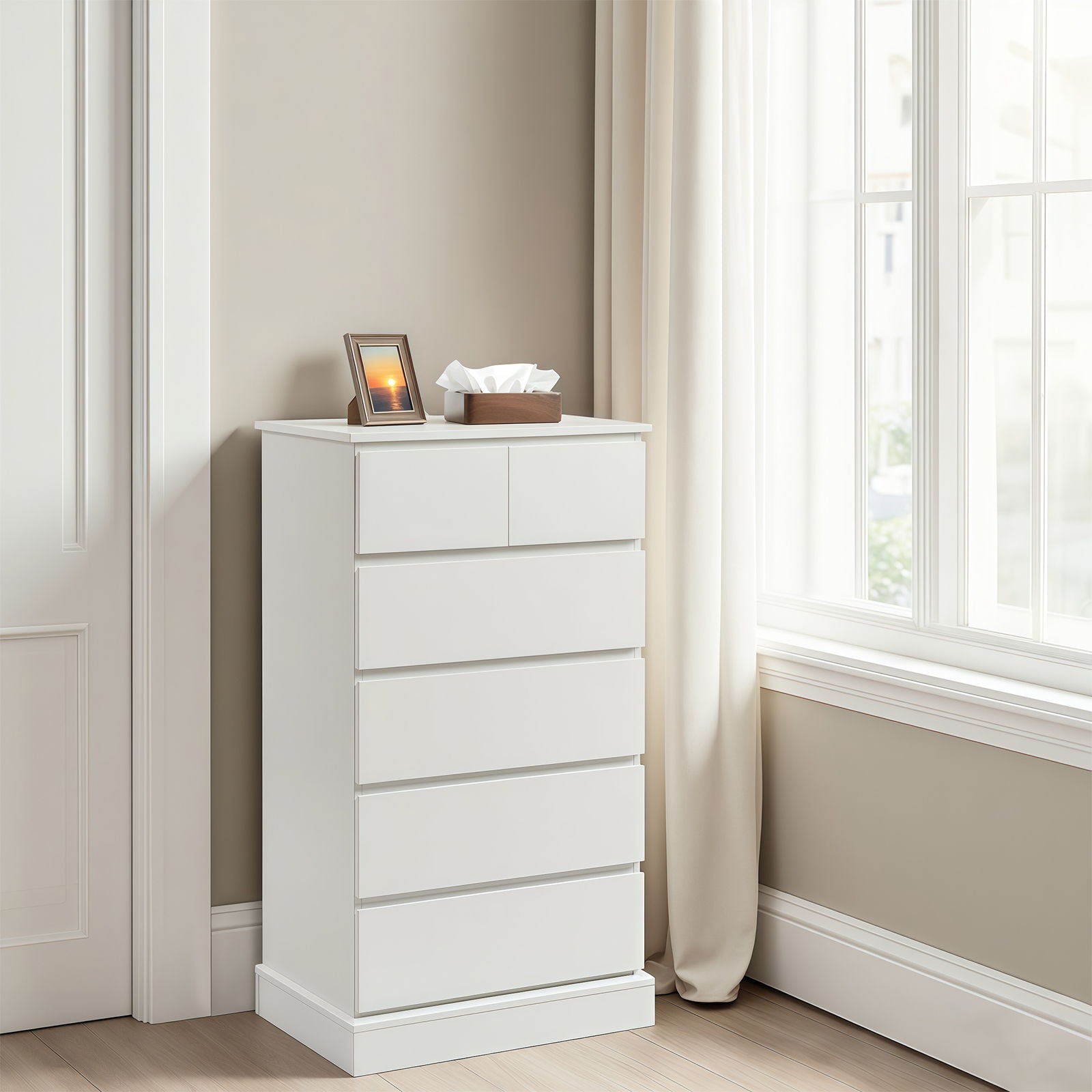 6 Drawer Tall Dresser With Concealed Handles, Vertical Storage Cabinet For Bedroom - White