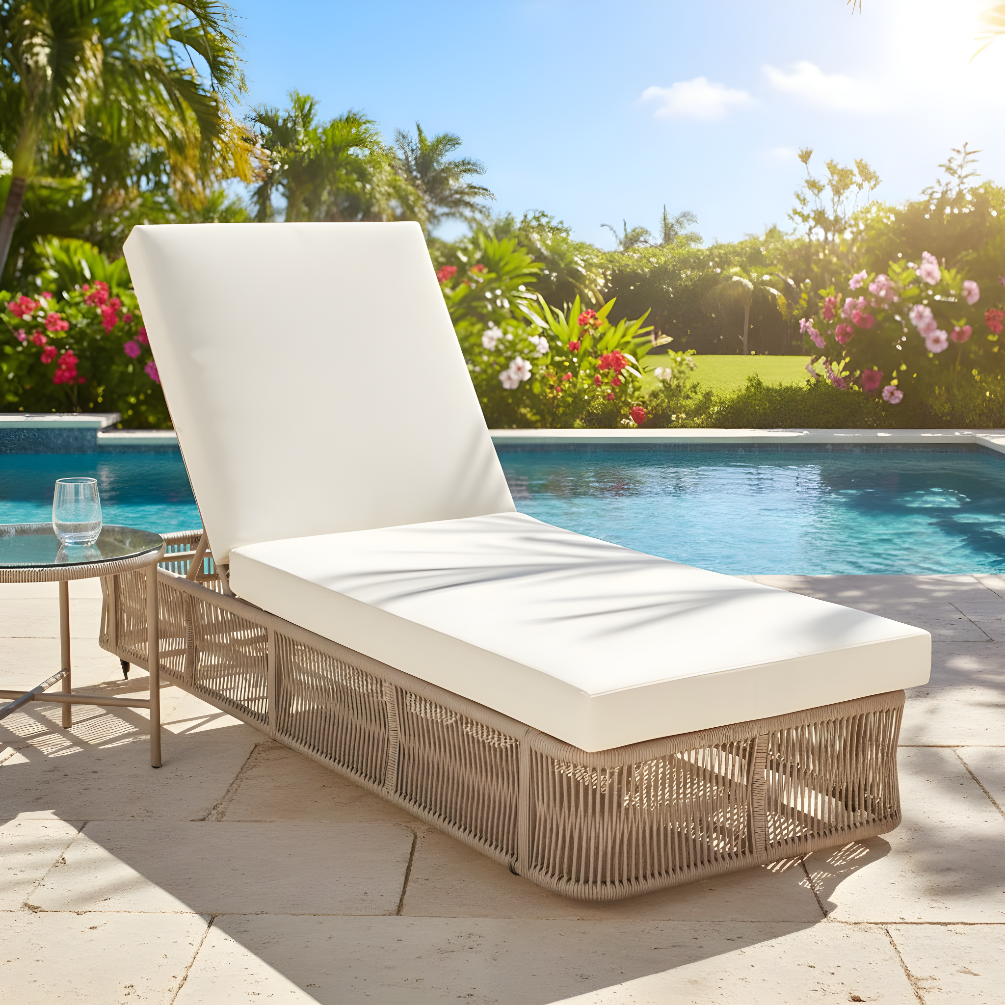 Beige and White Adjustable Sunlounge with Woven Rope Base