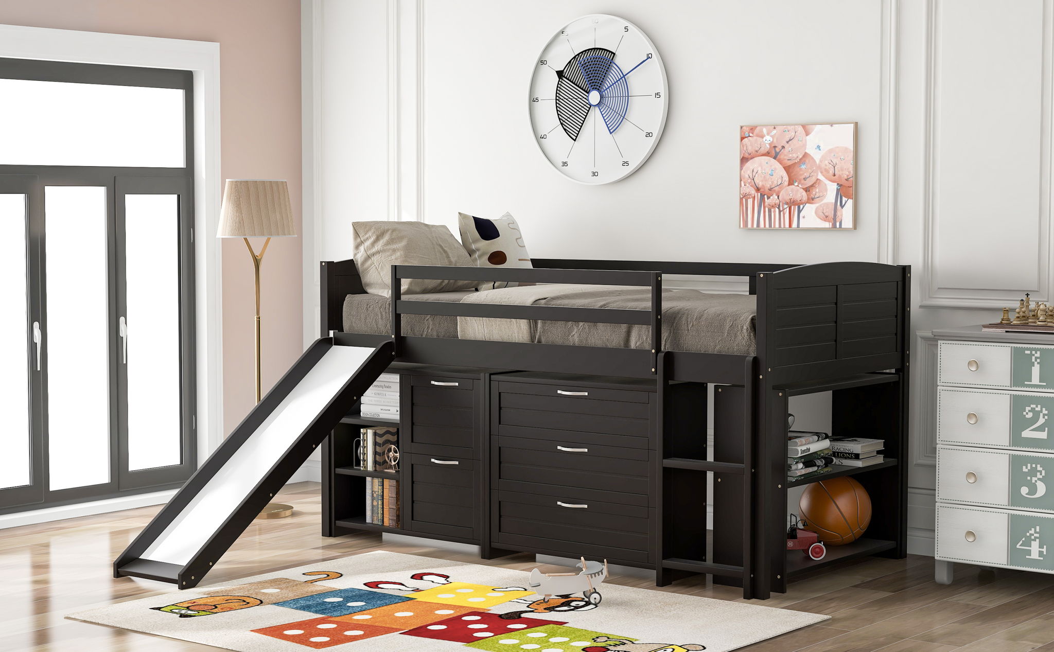 Loft Low Bed With Cabinets, Shelves And Slide