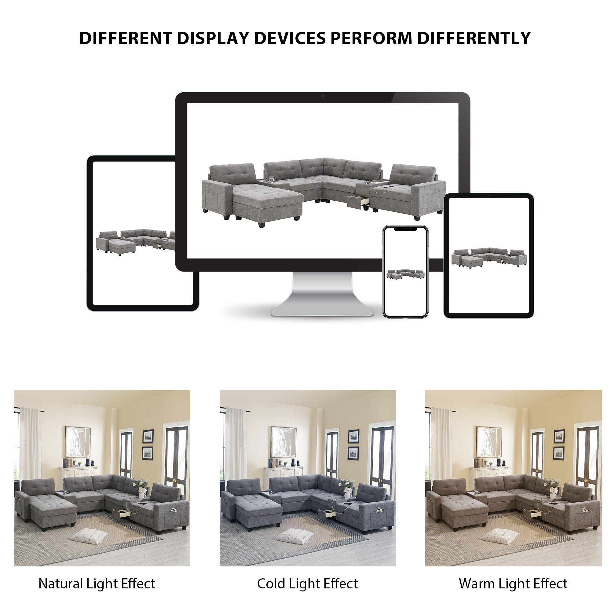 Sectional With Acrylic Table Top U Shaped Couch Set With 2 Consoles USB Charger, Storage Drawers And Pockets Movable Ottoman Tufted Sofa
