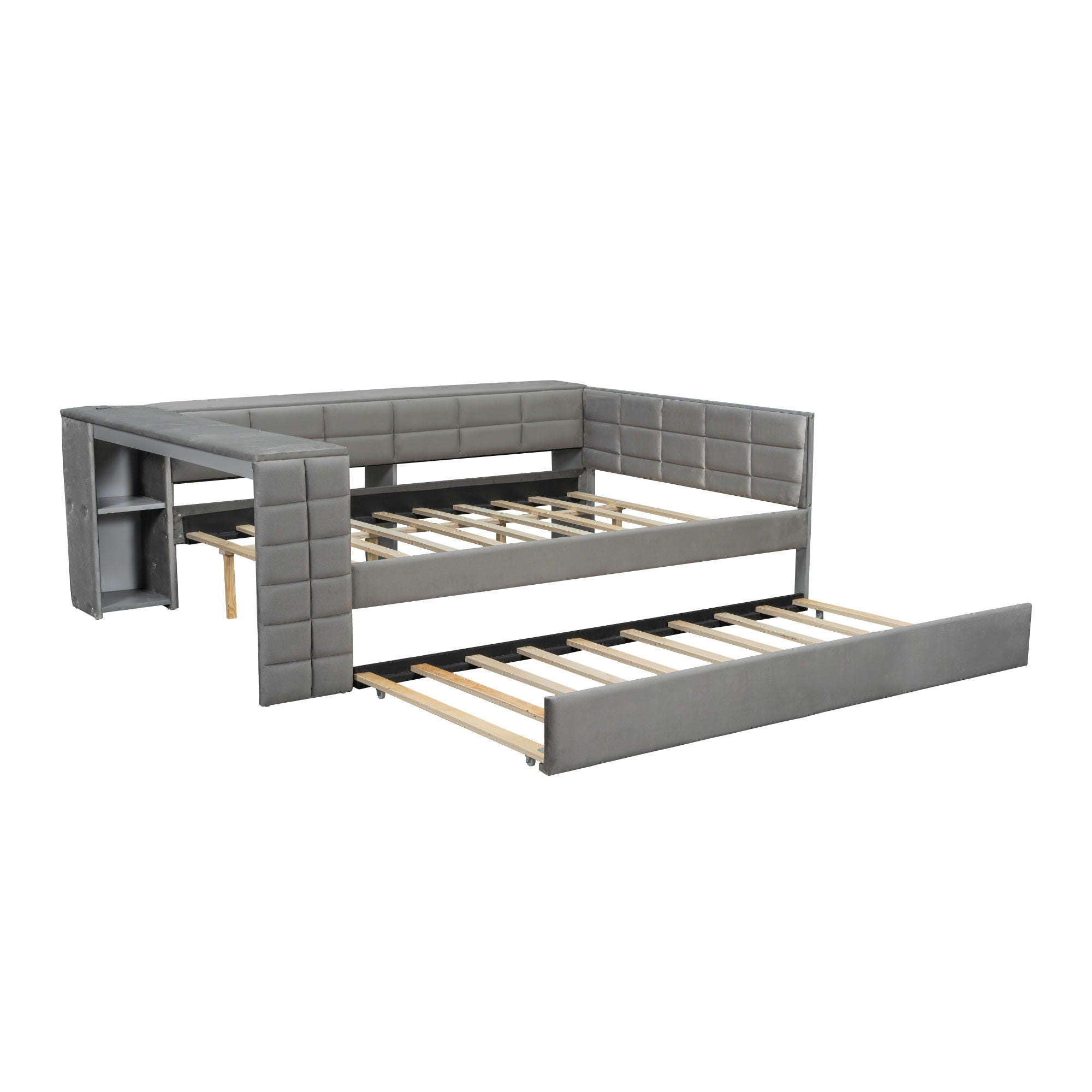 Upholstered Platform Bed With Storage Shelves, Desk, Charging Station And Trundle