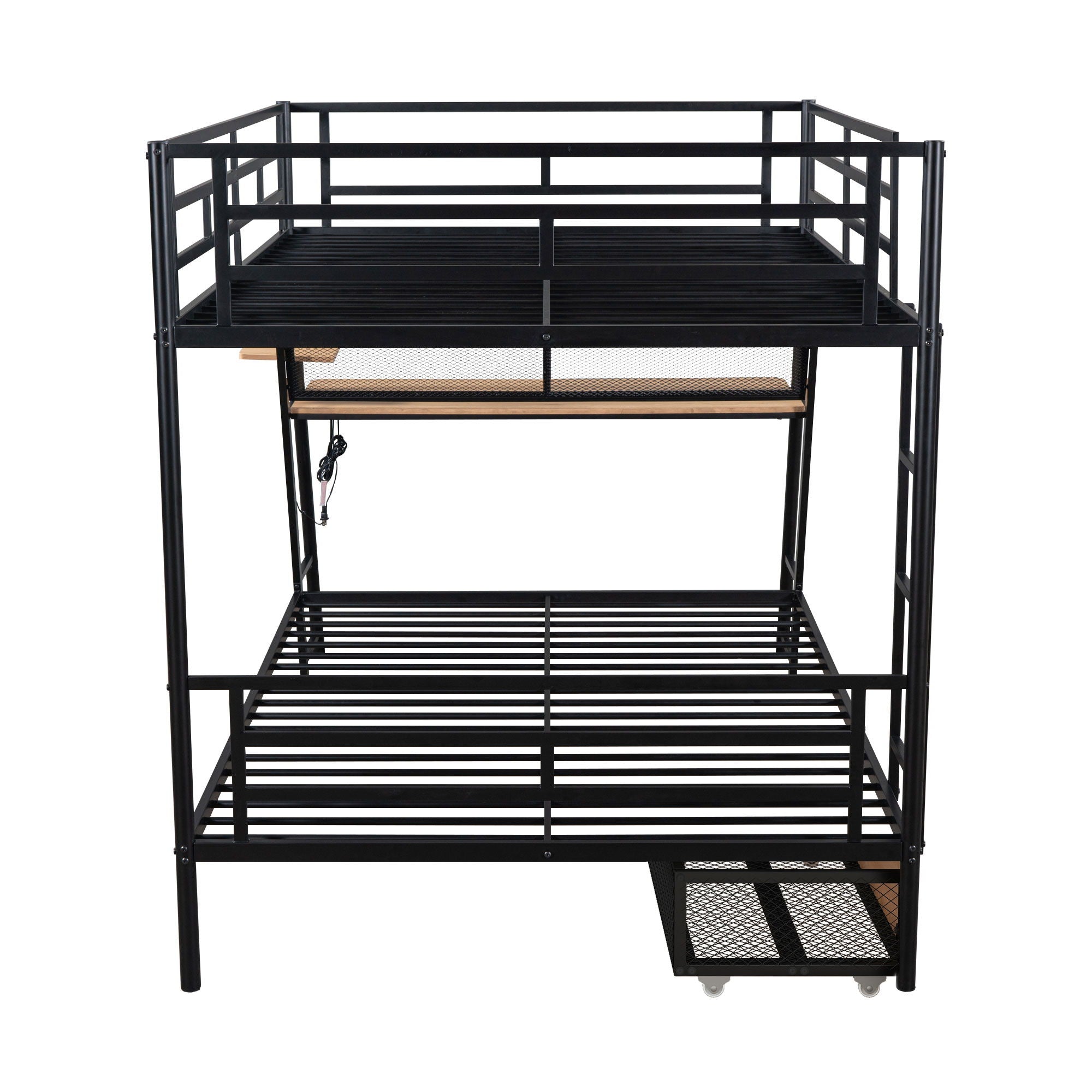 Full Size Bunk Bed With Built In Desk, Light, And 2 Drawers - Black