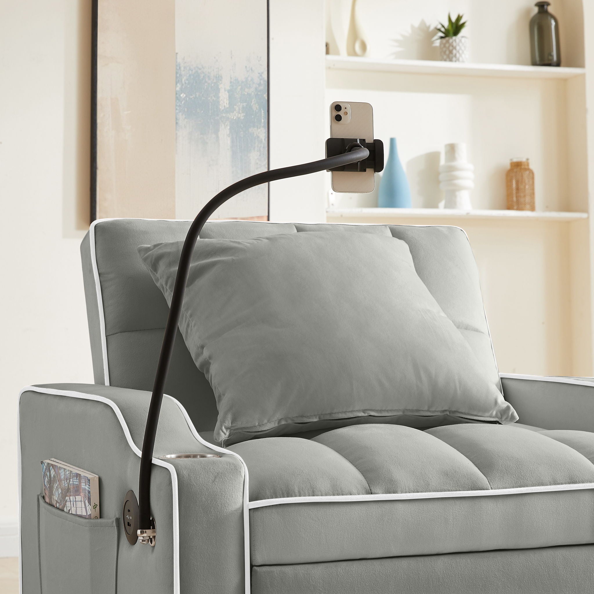 Convertible Velvet 3 In 1 Sofa Bed With Adjustable Sleeper Chair And Multi Pockets
