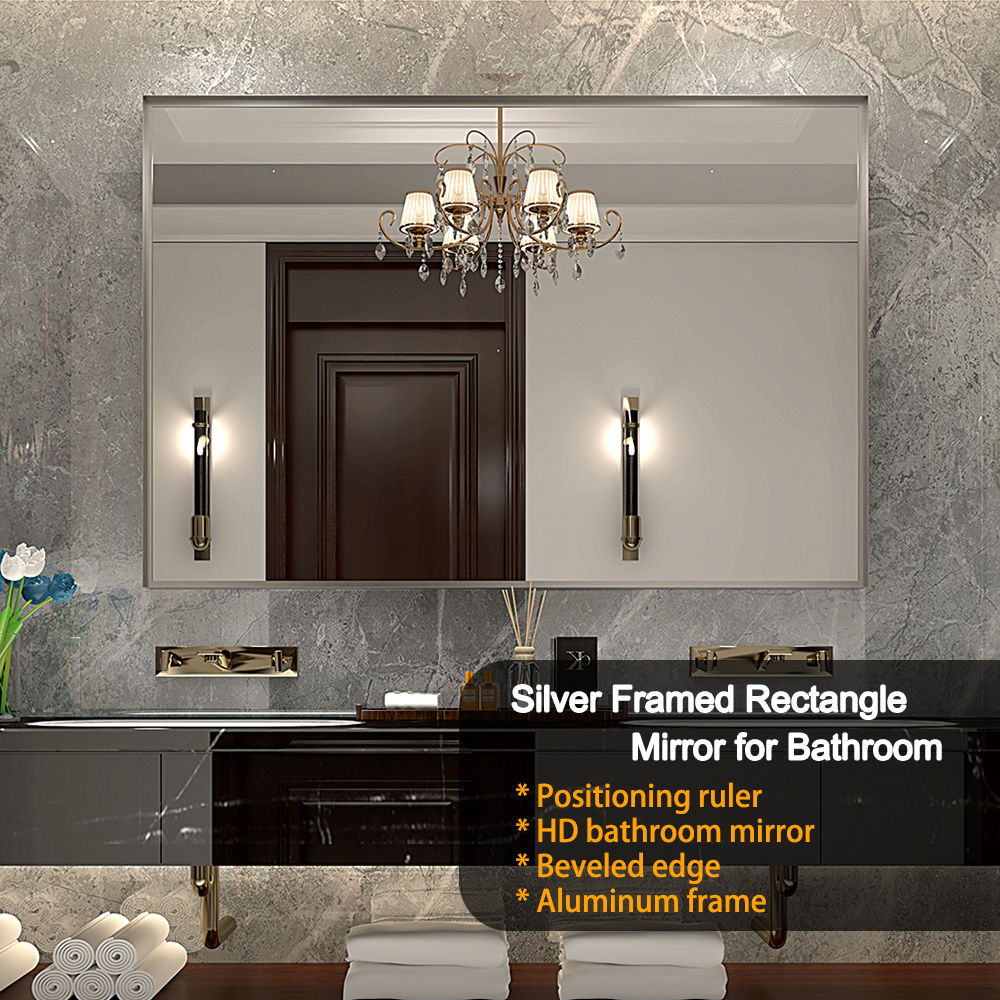 Glossy Framed Mirror For Bathroom Rectangular Wall Bathroom Mirror Metal Frame Farmhouse Mirror Large Decorative Square Corner Rectangle Mirror (Horizontal & Vertical) - Brushed Silver