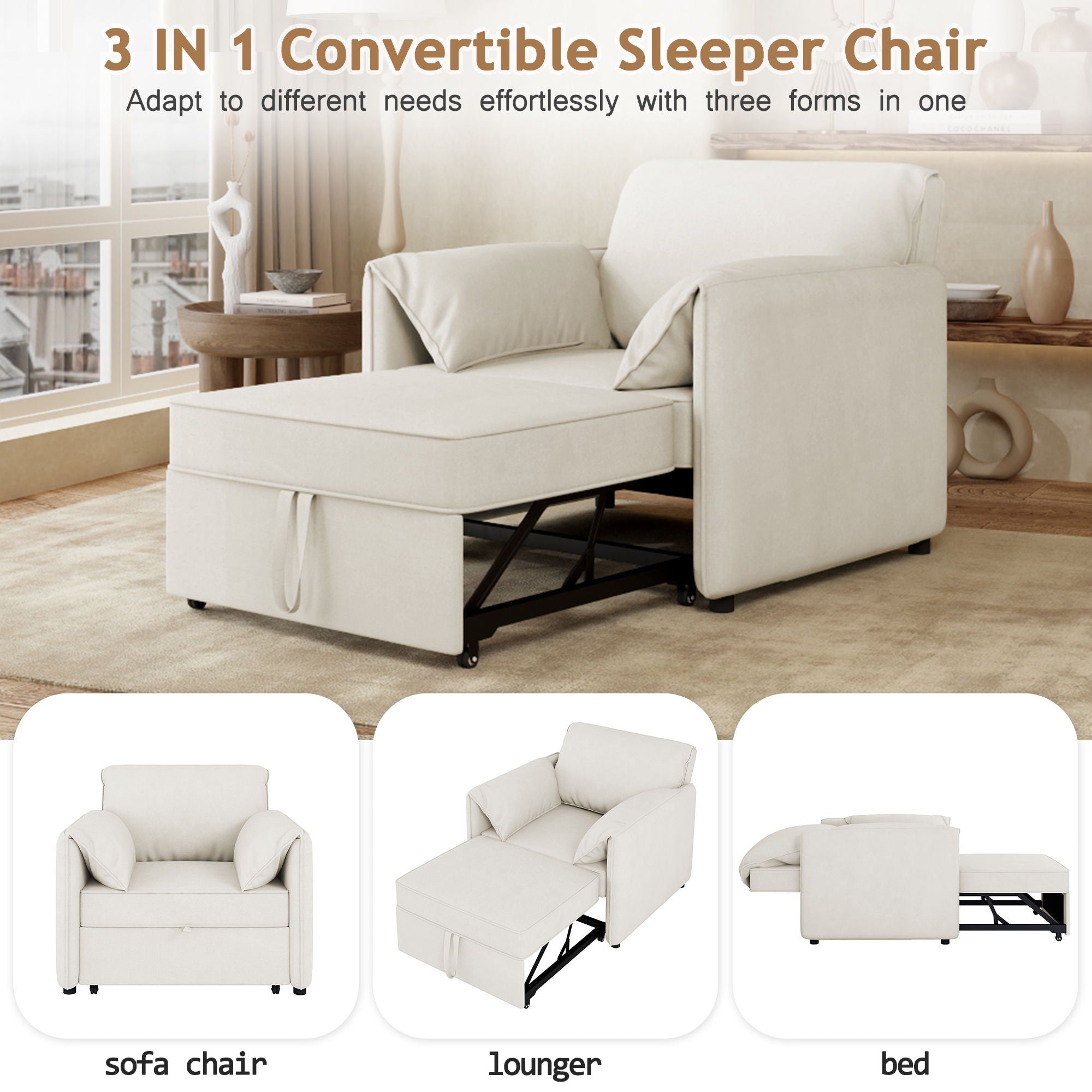 Convertible Pull Out Sofa Bed, 3 In 1 Convertible Sleeper Chair Adjustable Backrest With Thicked Cushions