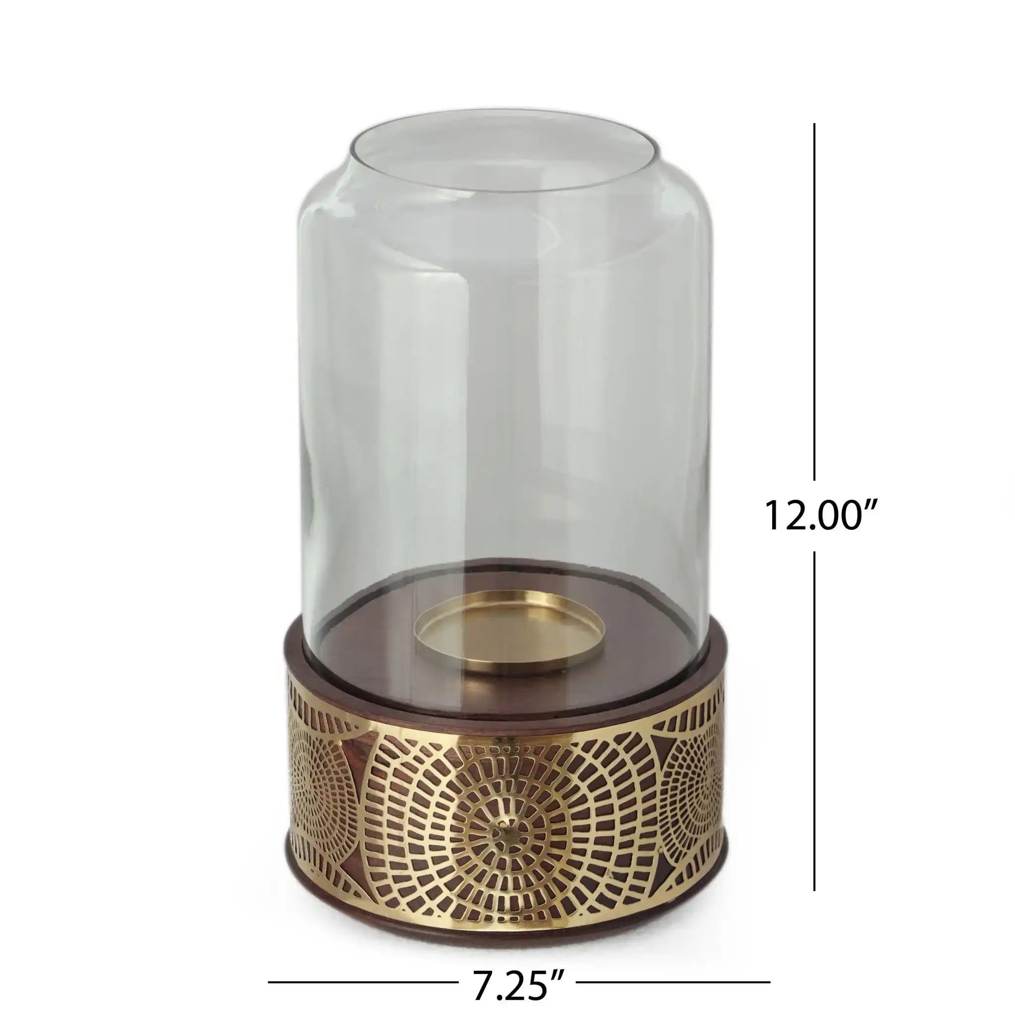 Boho Handcrafted Mango Wood Hurricane Candle Holder With Tempered Glass And Metal Accents - Brown