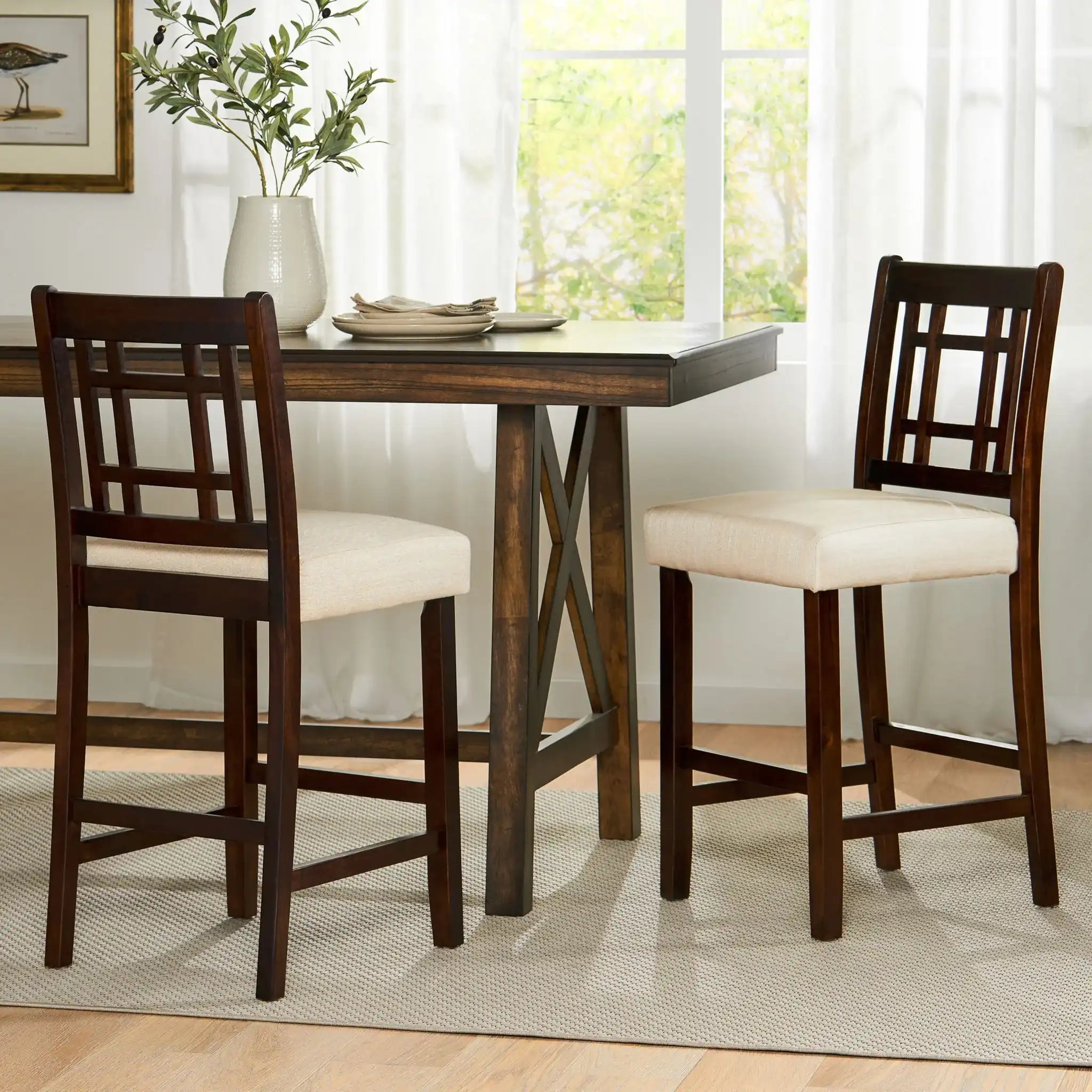 Upholstered Dining Chairs, Modern Dining Room Chairs For Dining Room Kitchen With Acacia Wood Legs (Set of 2) - Mahogany / Beige