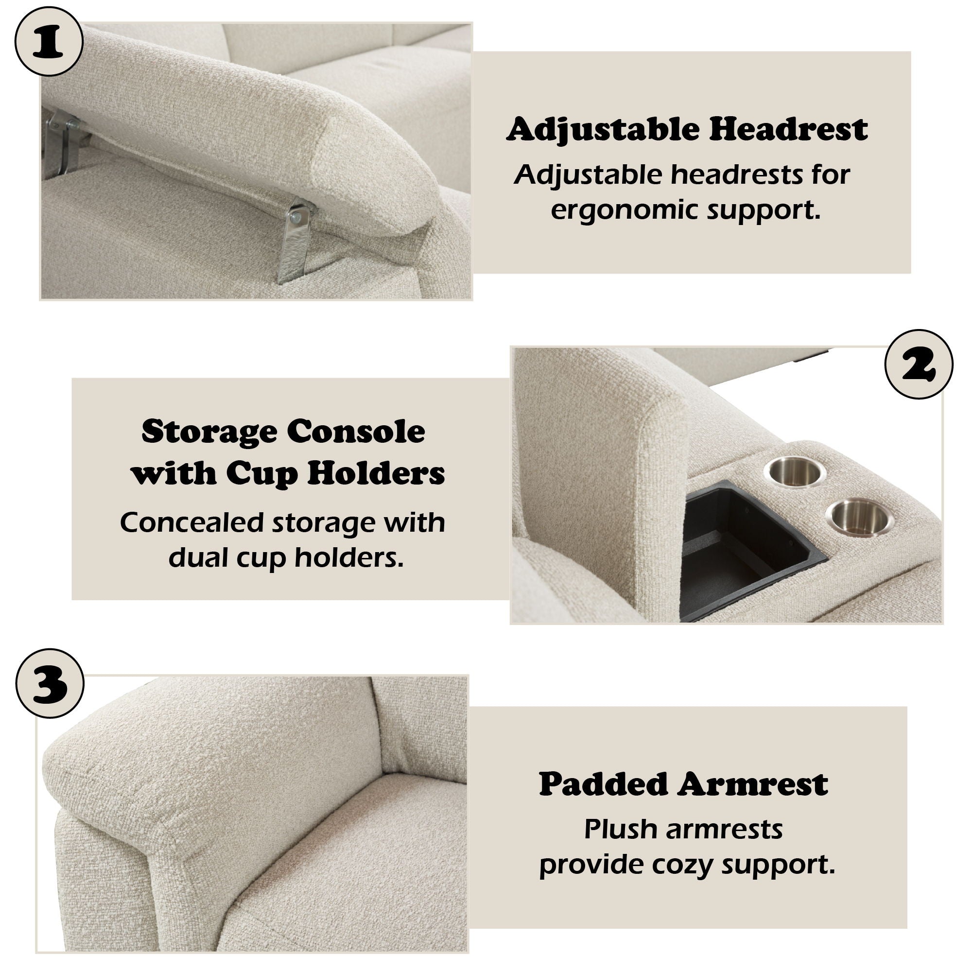 Dayana - Boucle Power Recliner Sectional Sofa For 5 People With Cupholder Console Adjustable Headrest - Beige