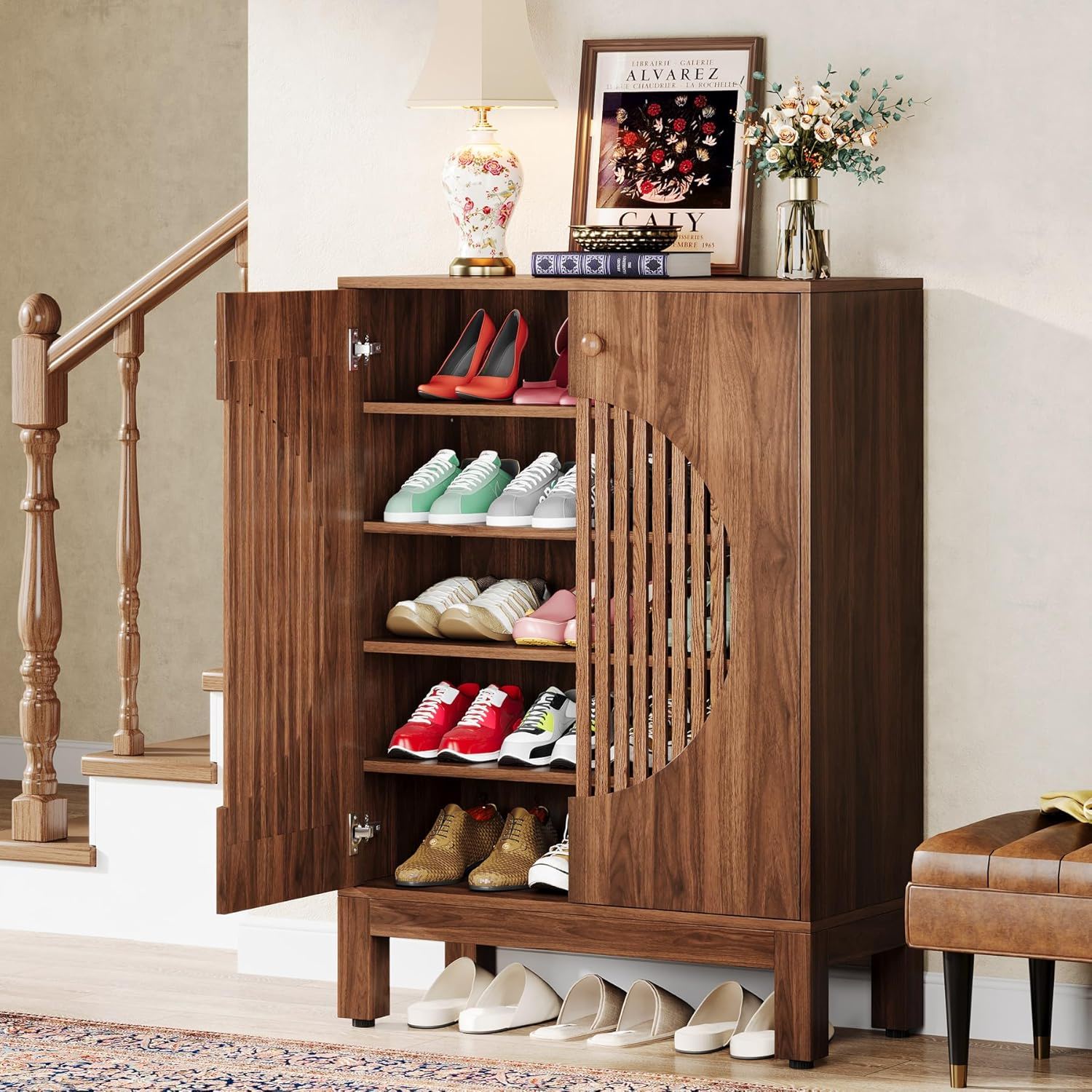 5 Tier Shoe Cabinet With Round Louvered Doors, Storage Organizer - Brown