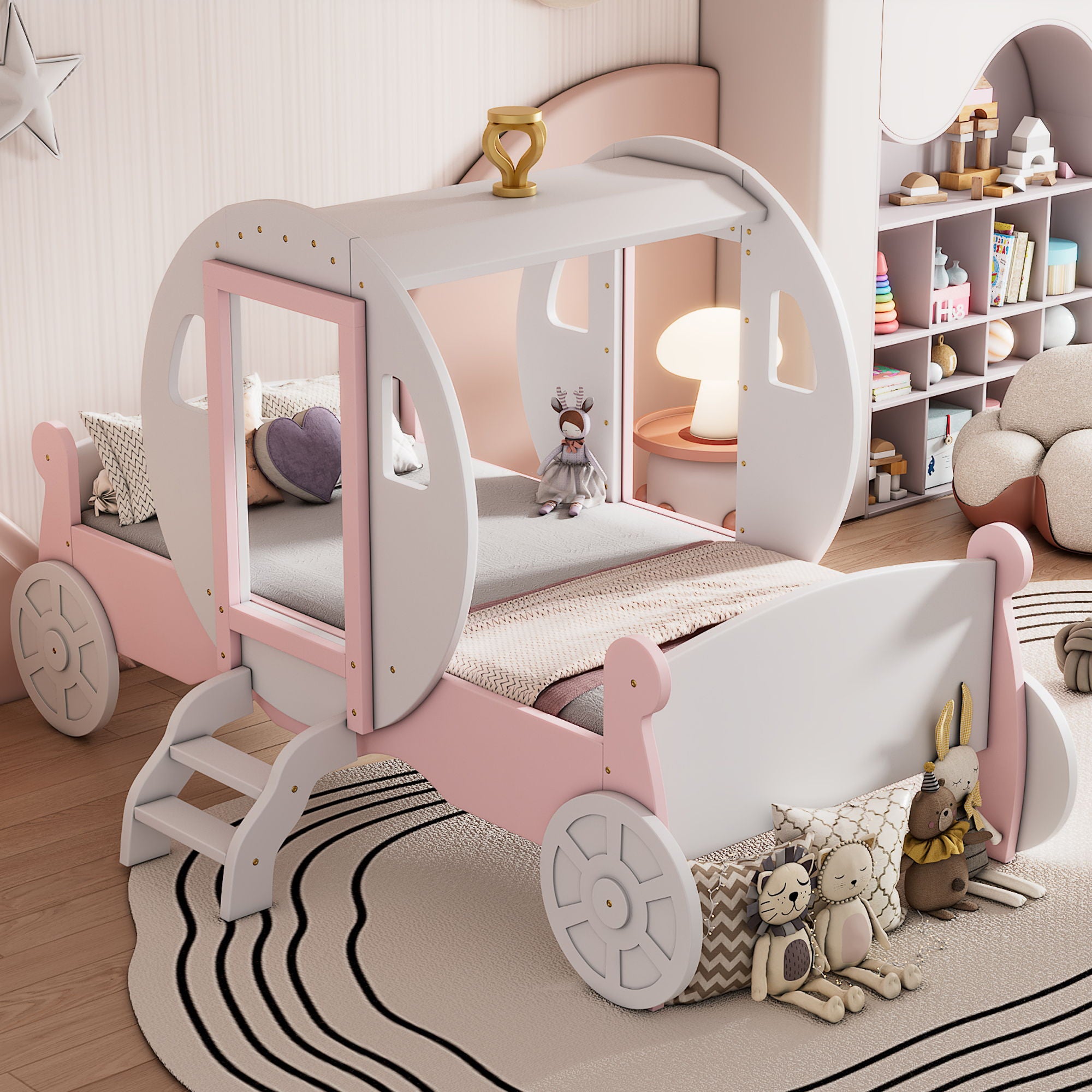 Princess Carriage Bed With Crown, Platform Car Bed With Stair