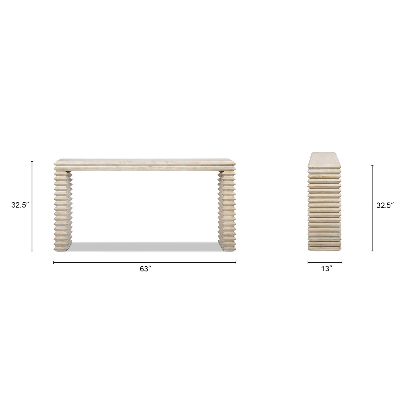 Veda 63' Reclaimed Wood Stacked Geometric Waterfall Console Table, Whitewashed Natural Reclaimed Pine Wood