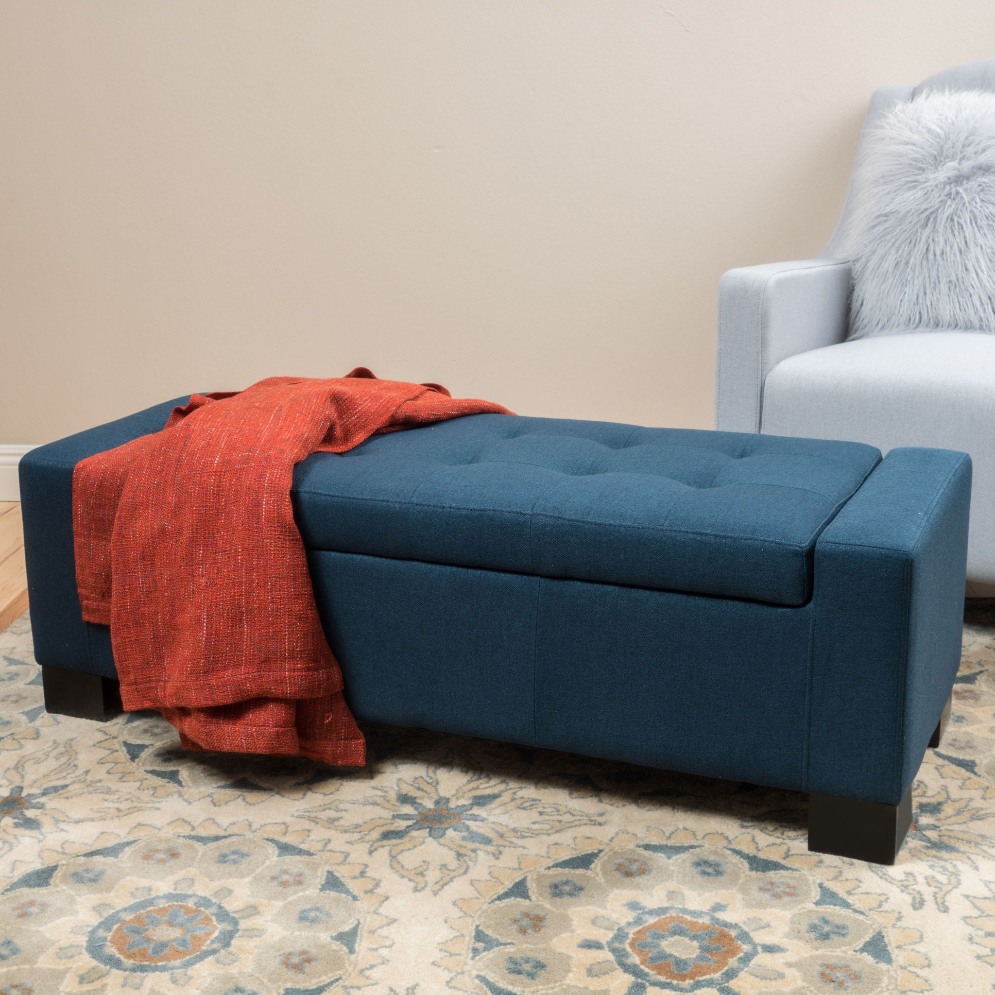 Empower - Button Tufted Waffle Upholstered Storage Ottoman With Wood Legs - Navy Blue