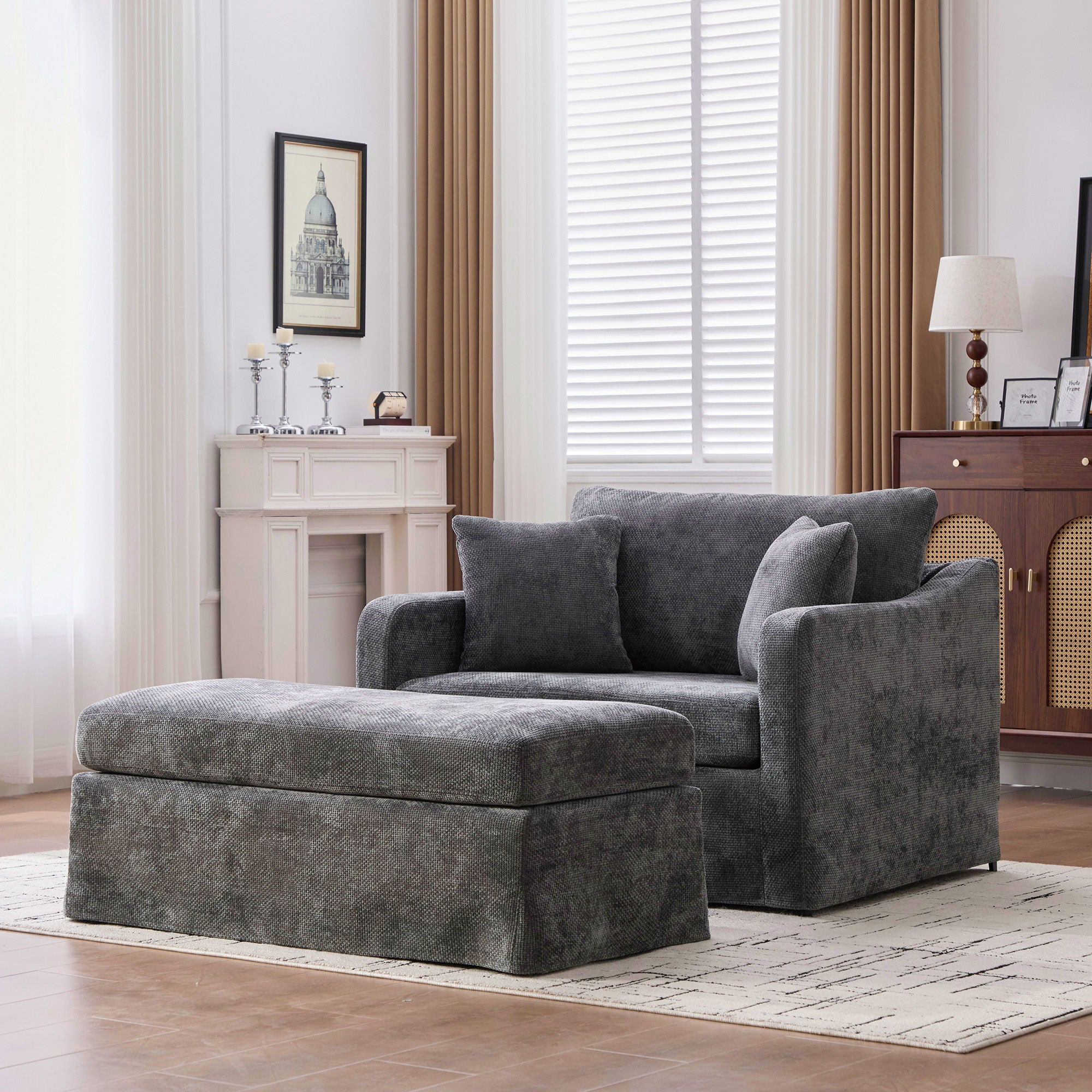 Accent Chair Wide With 2 Bolster Pillows, And Matching Ottoman