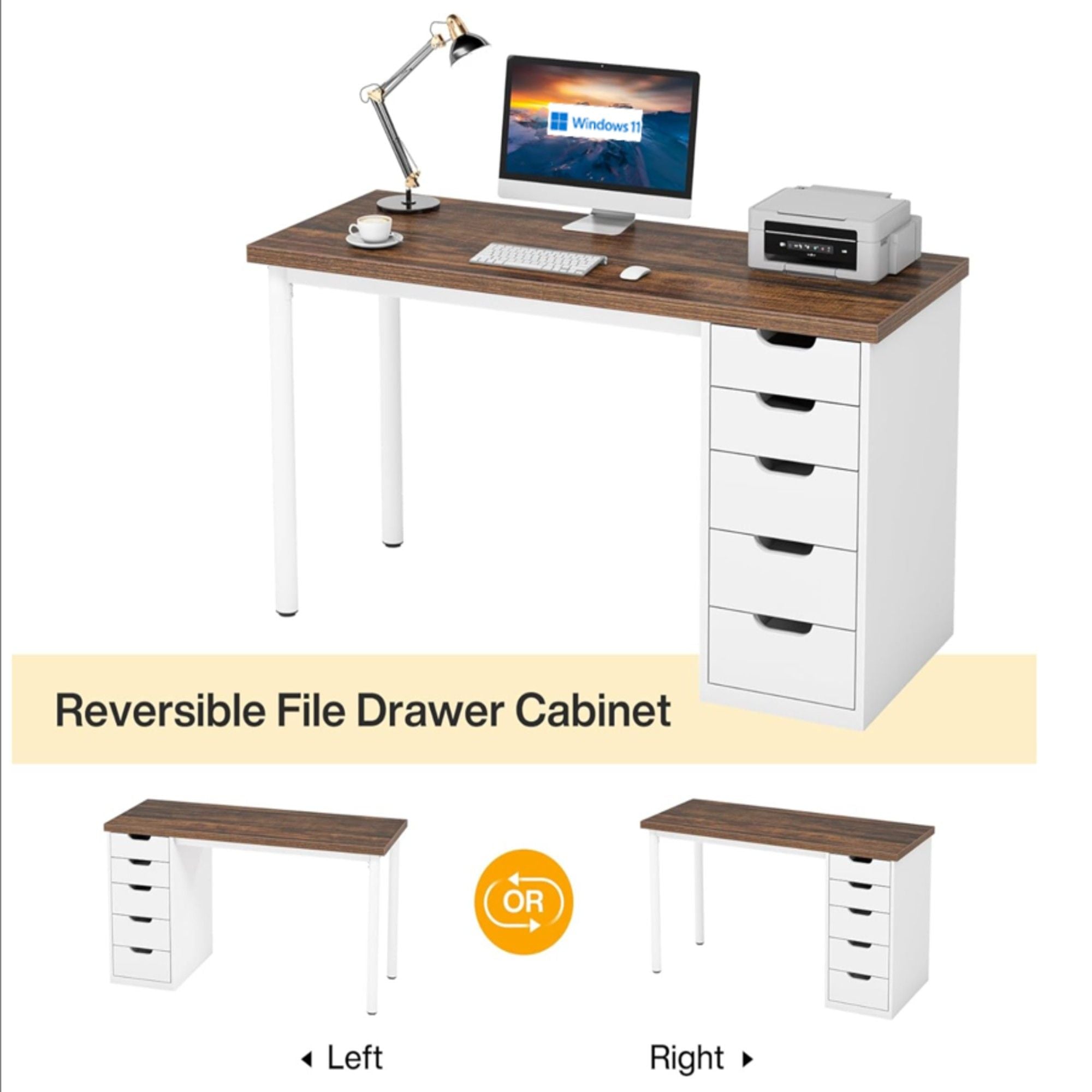Computer Desk With 5 Drawers, Reversible Cabinet Design