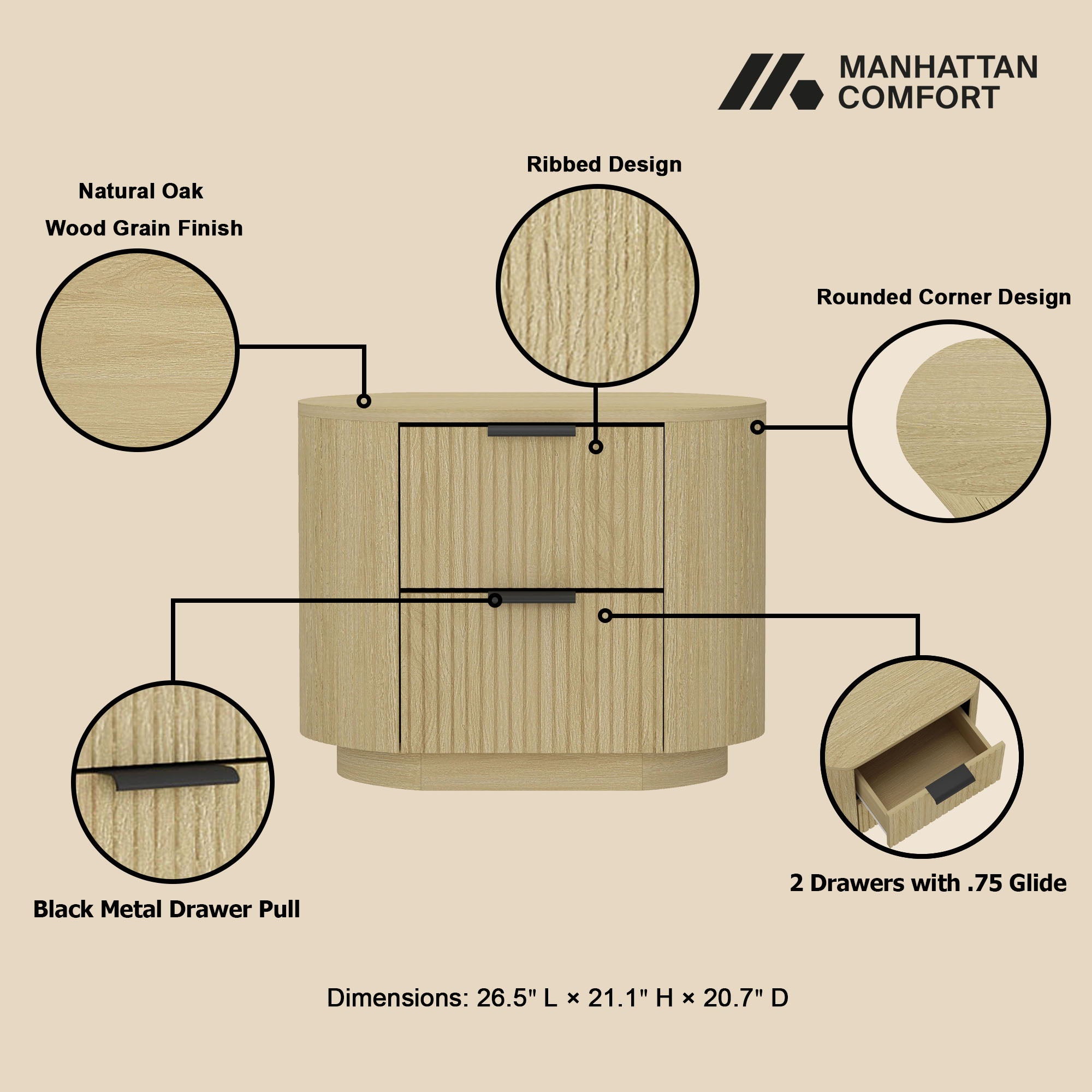 Olivia - Nightstand With 2 Drawers - Oak