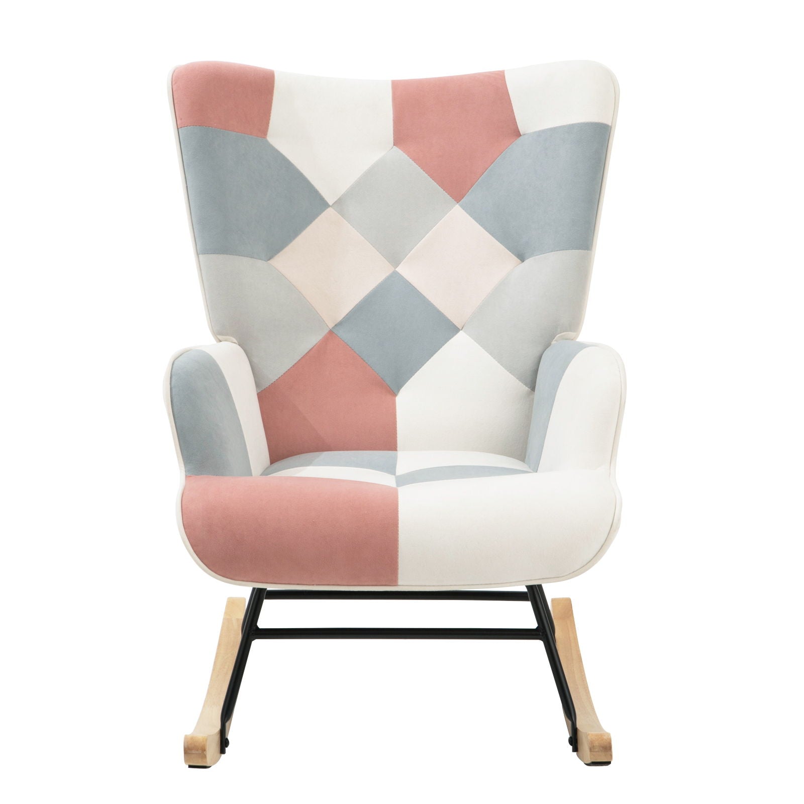 Accent Rocking Chair, Mid-Century Fabric Rocker Chair With Wood Legs And Patchwork Linen For Livingroom Bedroom - Pink