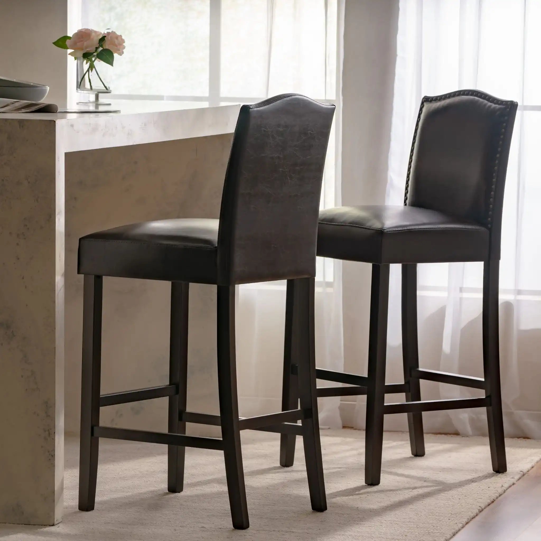 Bar Stools (Set of 2), Upholstered Barstools Armless, Rubber Wood Leg - Brown