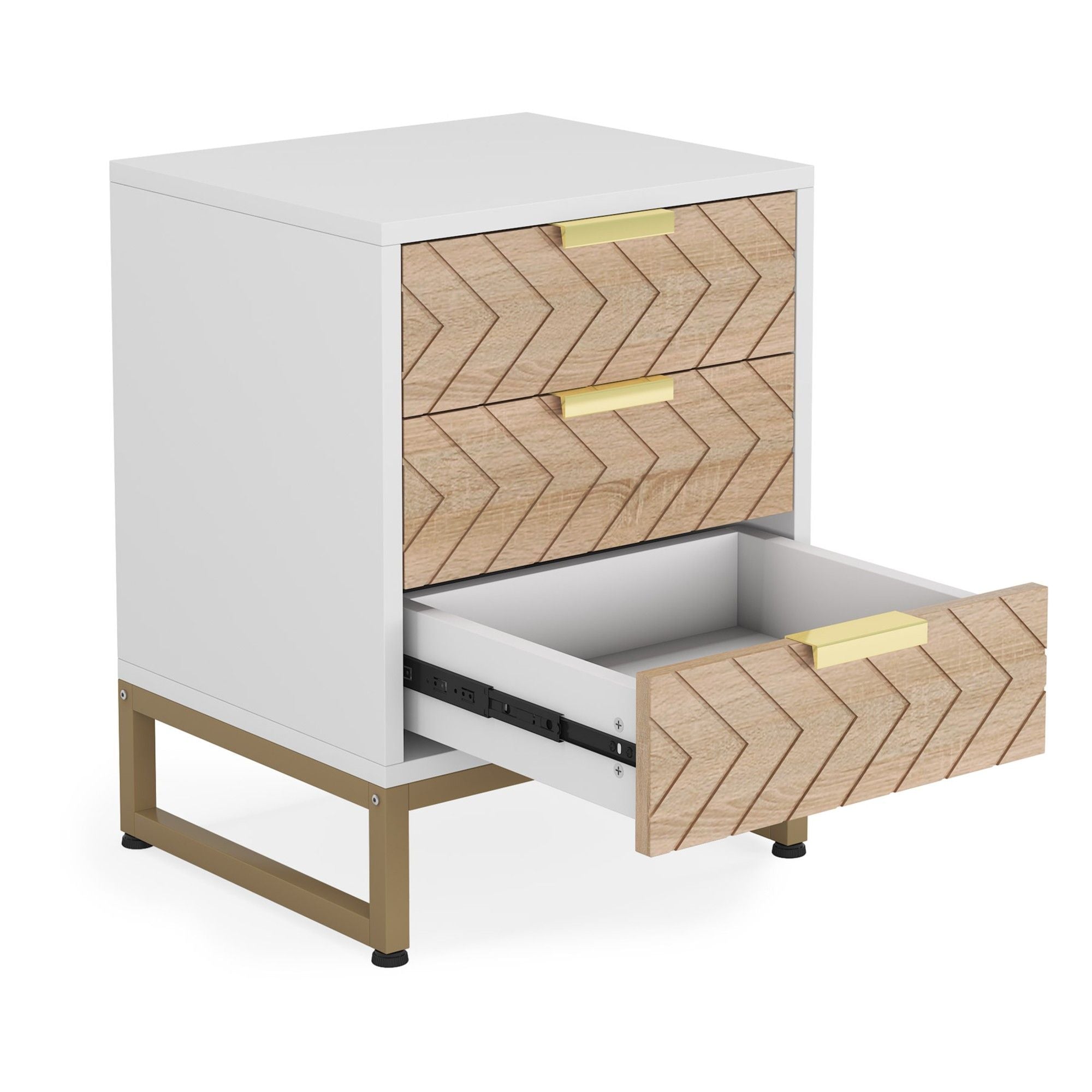 Nightstands With 3 Drawers, Zig Zag Design (Set of 2) - White / Oak