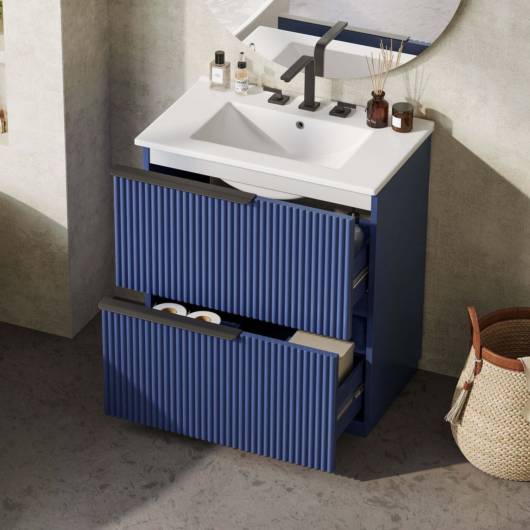 Fluted Bathroom Vanity With Ceramic Sink, Freestanding Cabinet