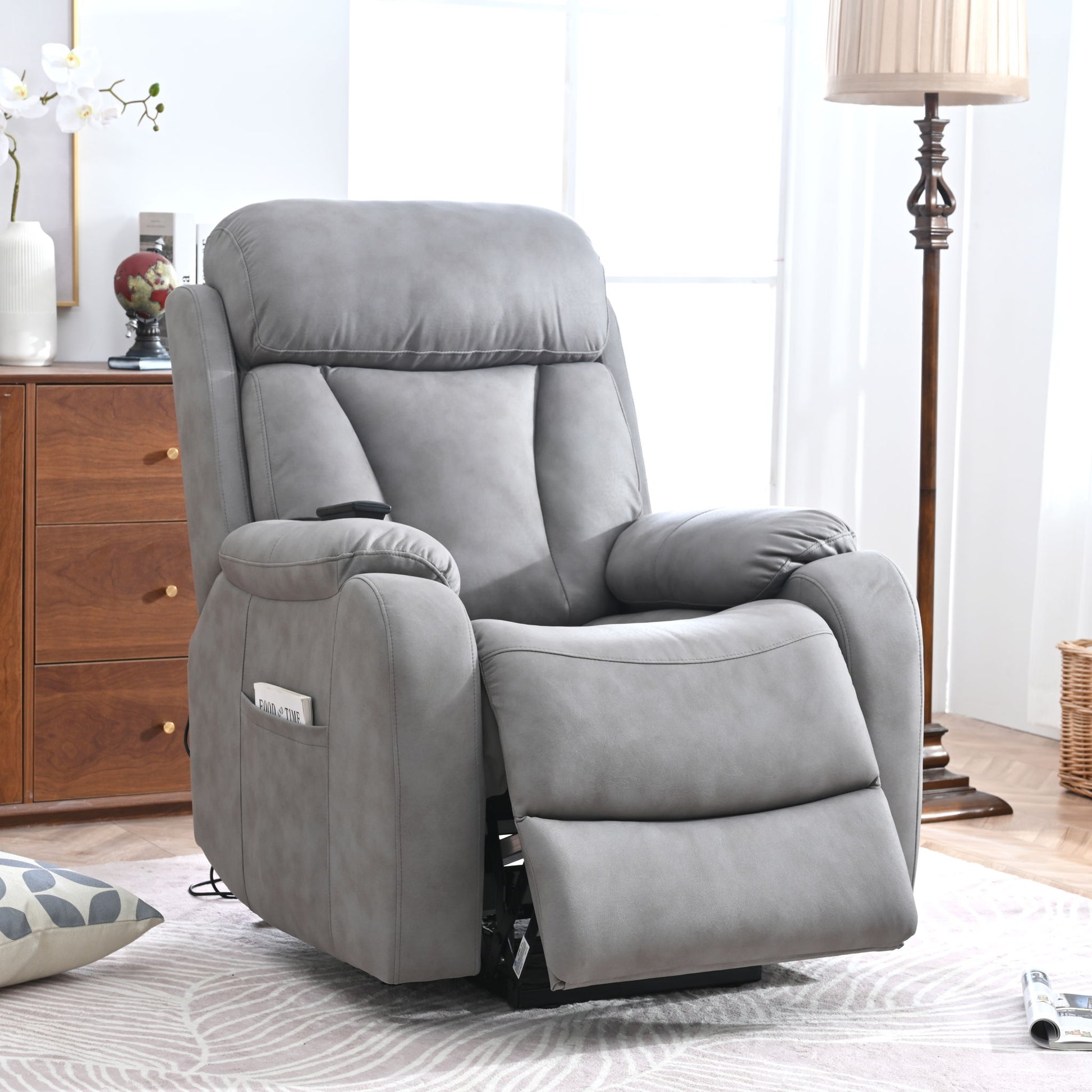 Electric Power Lift Recliner Chair, Fabric Recliner Chair, Home Theater Seating, Living Room Chair, Side Pocket, Remote Control - Light Gray - Best Buy Furniture
