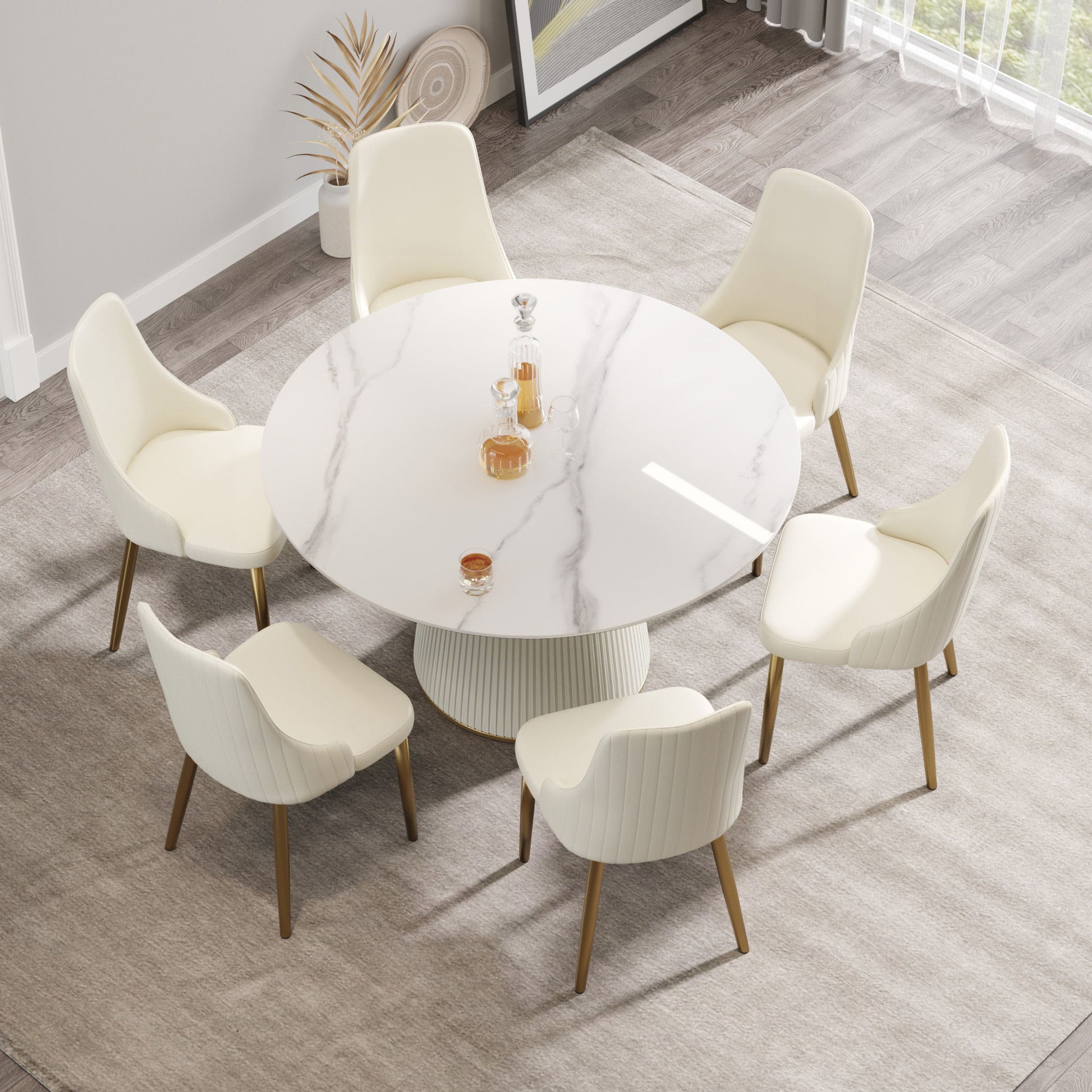 Modern Artificial Stone Round Plywood Base Dining Table, Can Accommodate 6 People, (Not Including Chairs) - White / Beige - Best Buy Furniture