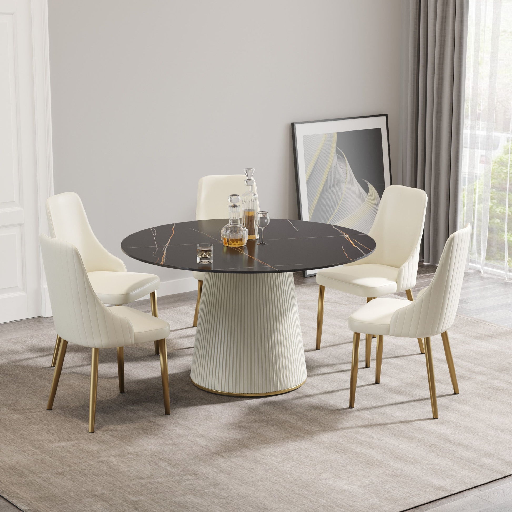 Modern Artificial Stone Round Plywood Base Dining Table, Can Accommodate 6 People, (Not Including Chairs) - Black / Beige - Best Buy Furniture