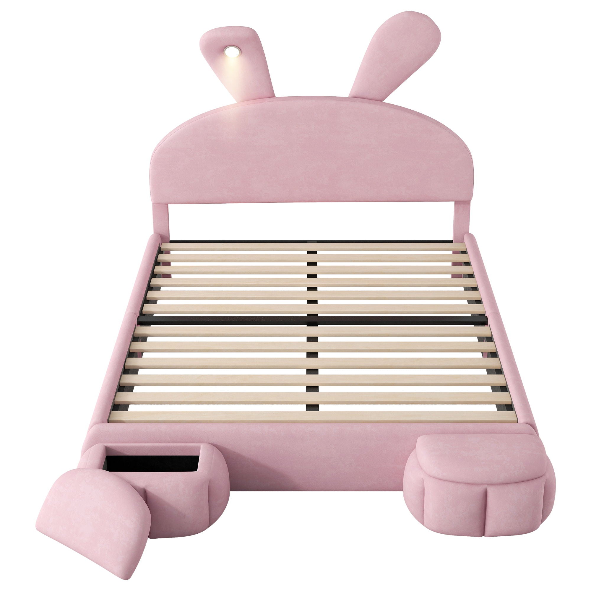 Upholstered Platform Bed With Cartoon Ears Shaped Headboard And LED Light
